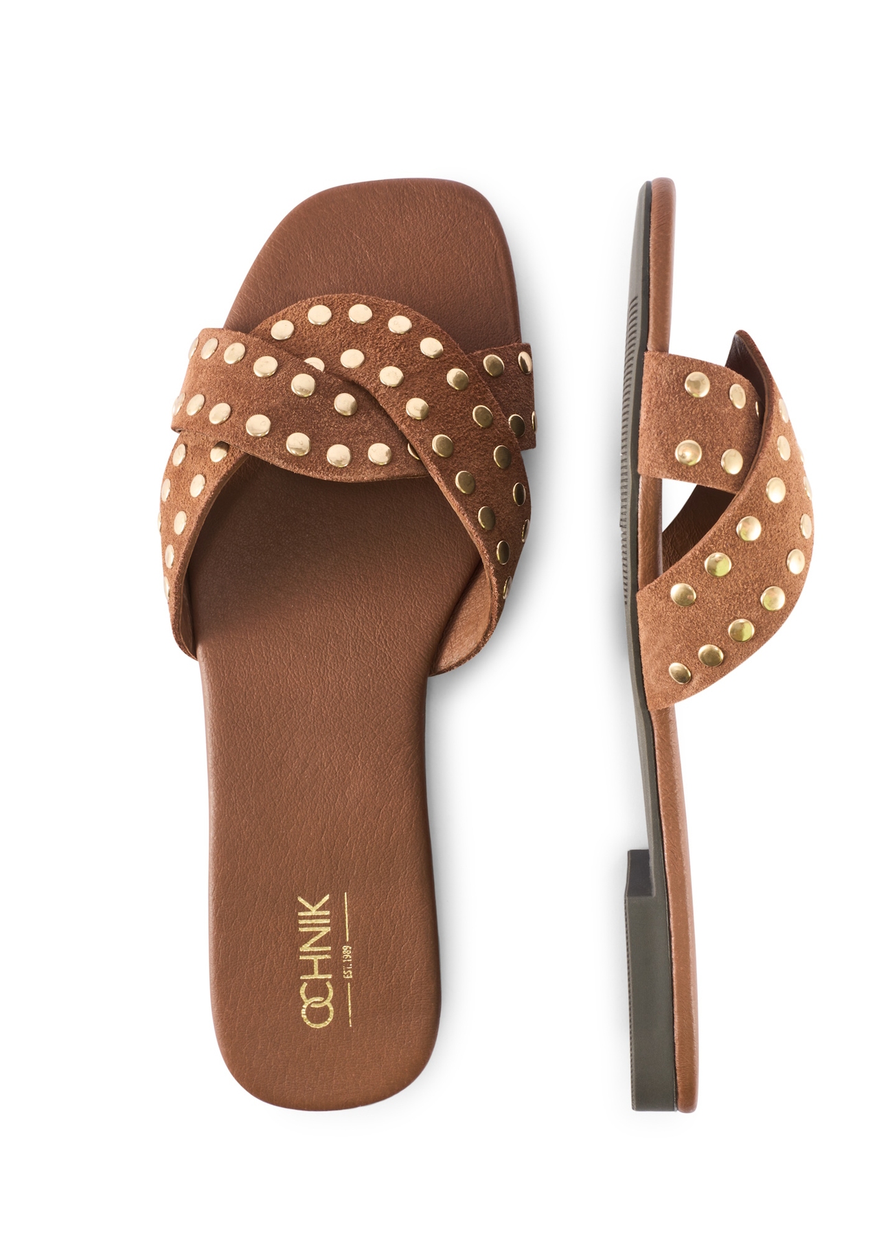 Camelowe skórzane klapki damskie z dżetami BUTYD-1226-1D(W26), widok produktu z góry na białym tle.