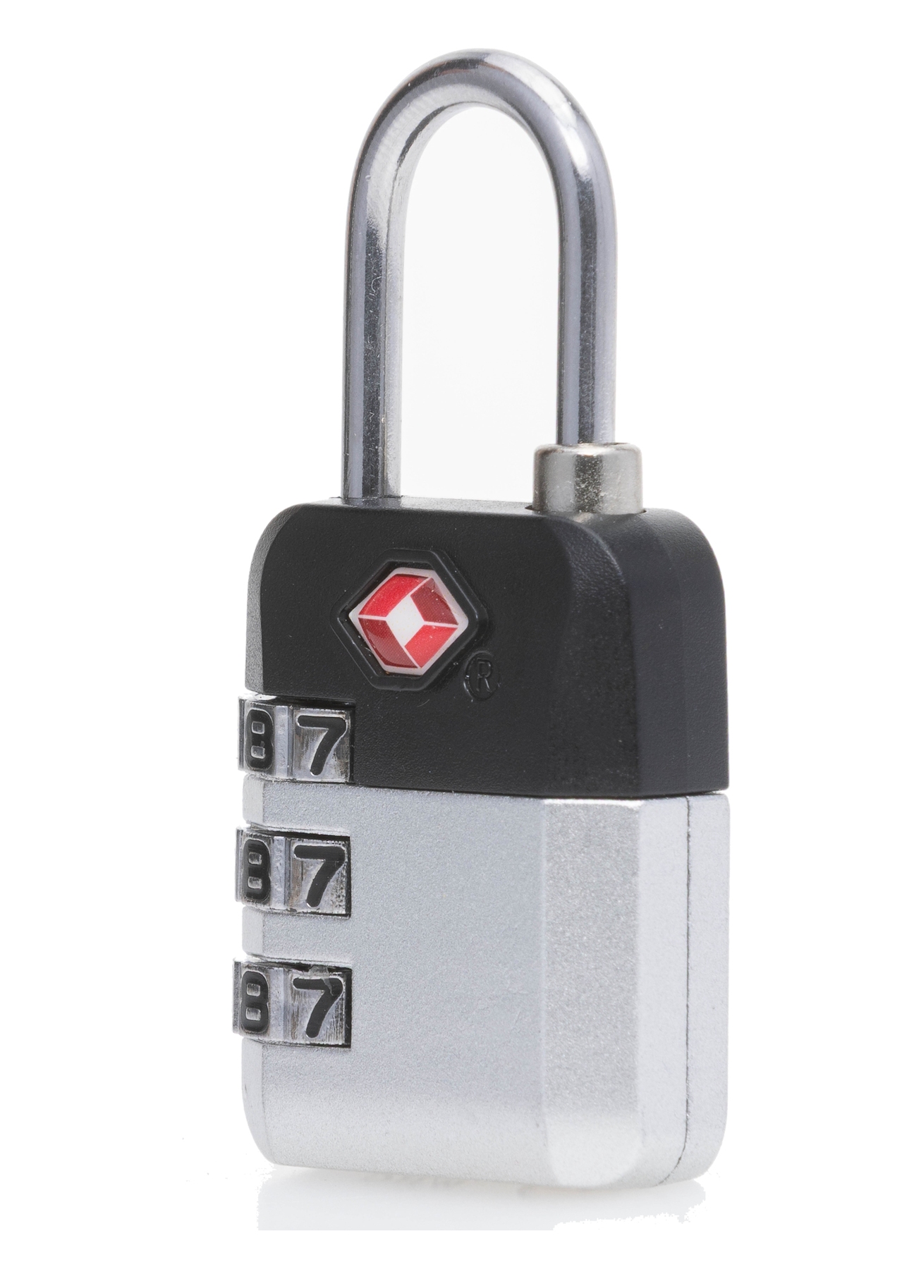 Srebrna szyfrowa kłódka TSA AW-015-0004-92(W25), widok produktu skosem na białym tle.