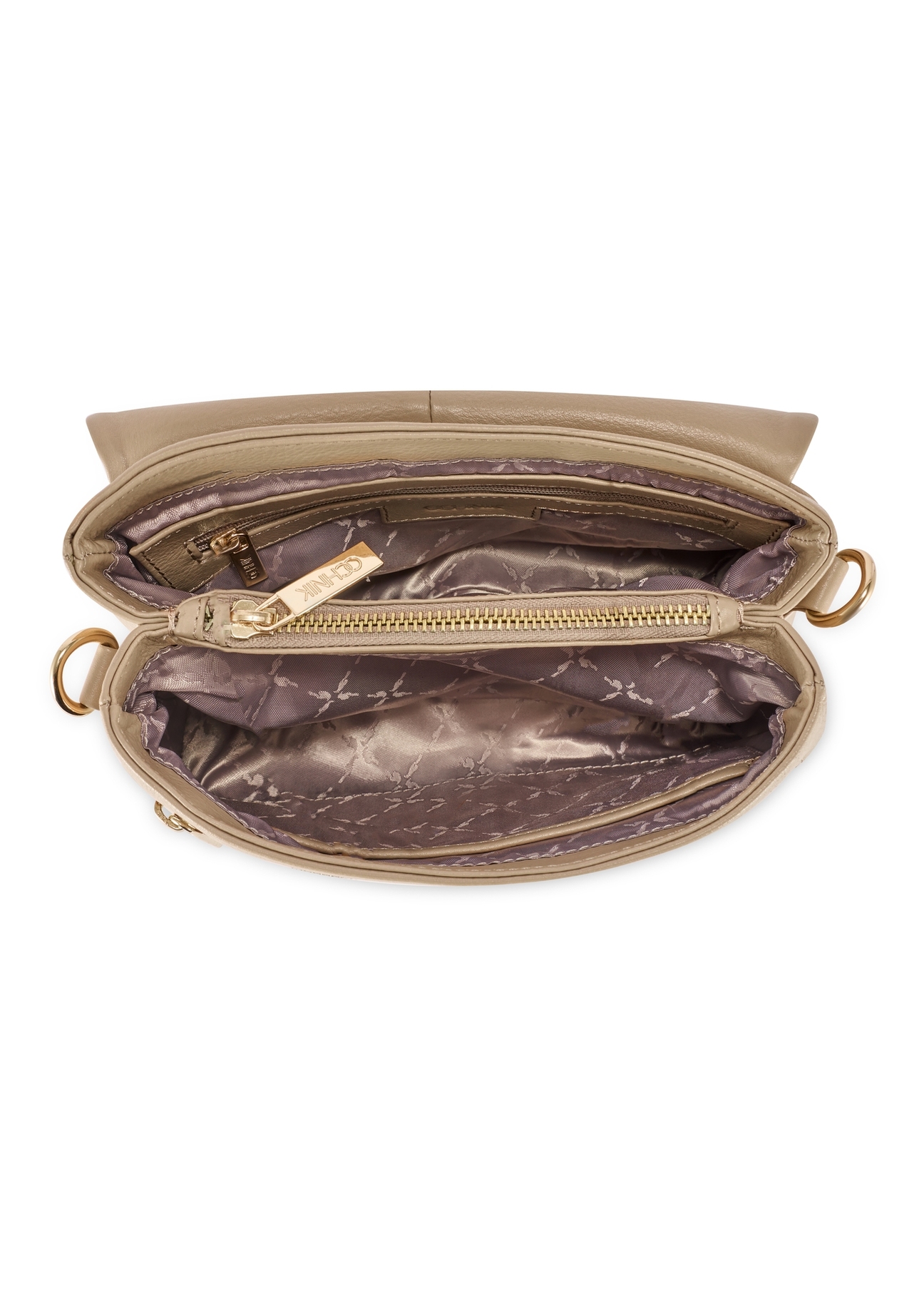 Beżowa skórzana torebka damska TORES-0911F-1B(W26) - widok produktu z góry, na białym tle. 