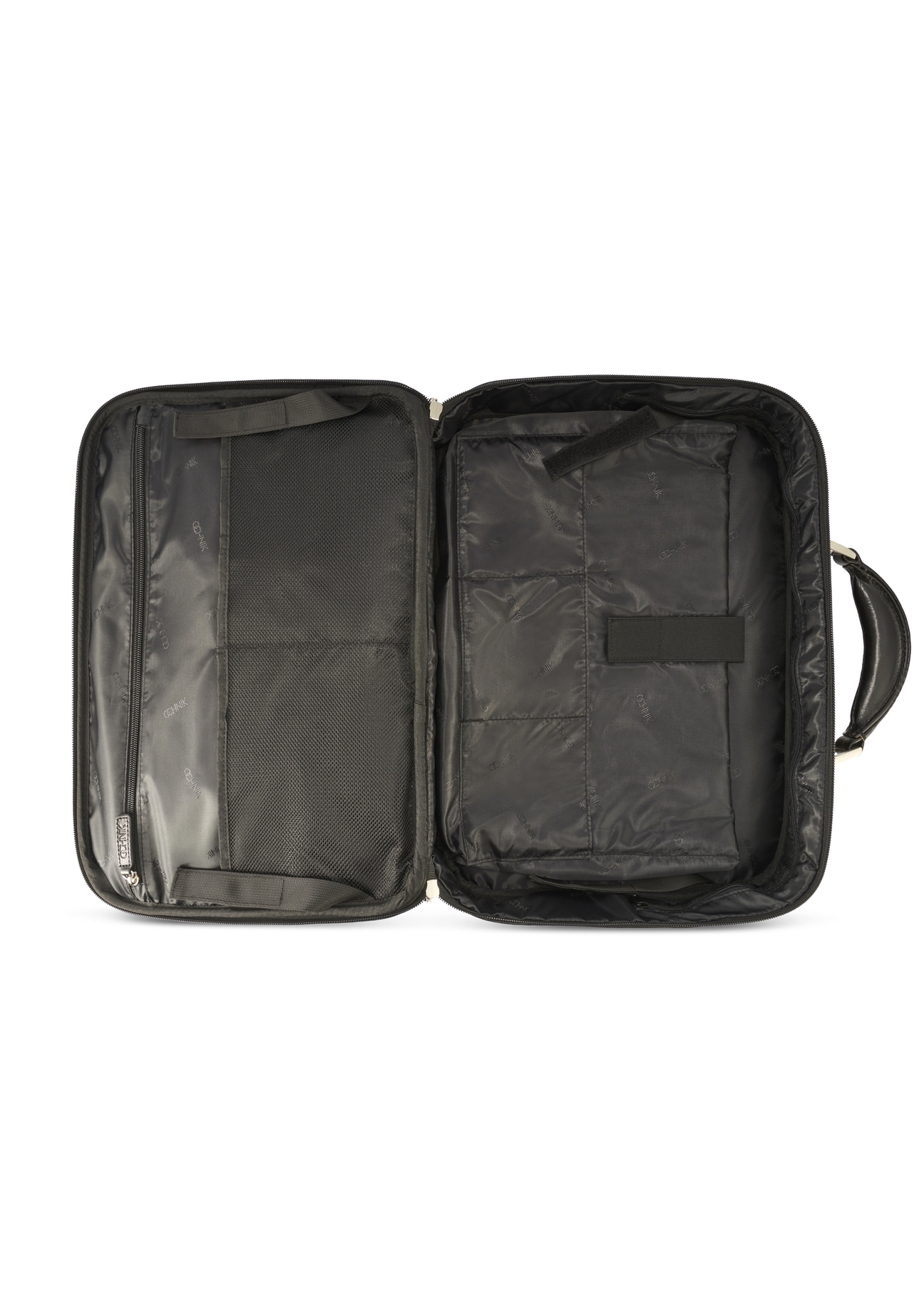 Czarna skórzana męska torba na laptopa TORMS-0482-99(Z25), widok produktu od środka na białym tle.