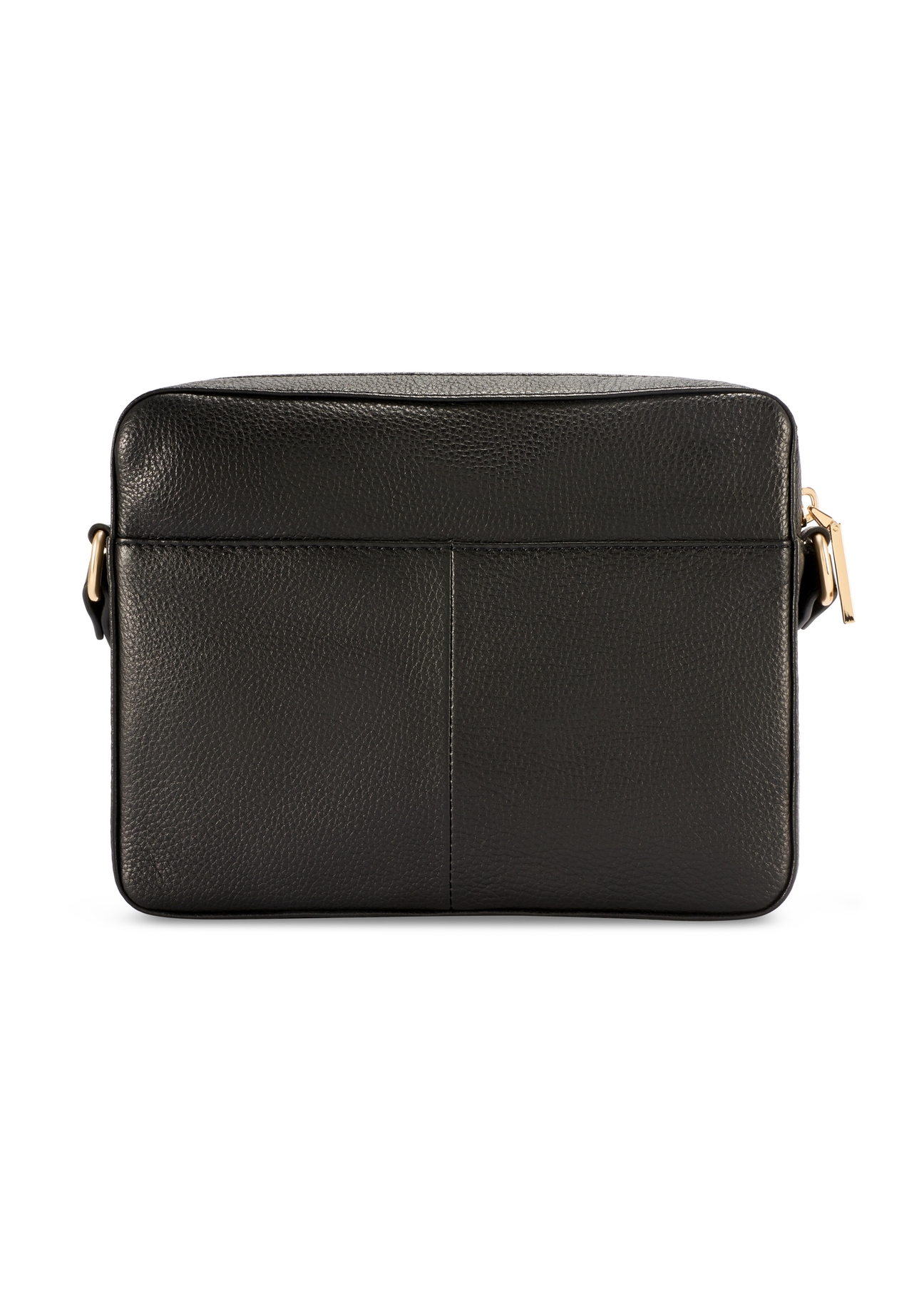 Czarna mała skórzana torebka damska TORES-1269-9I(W26), widok produktu z tyłu na białym tle.