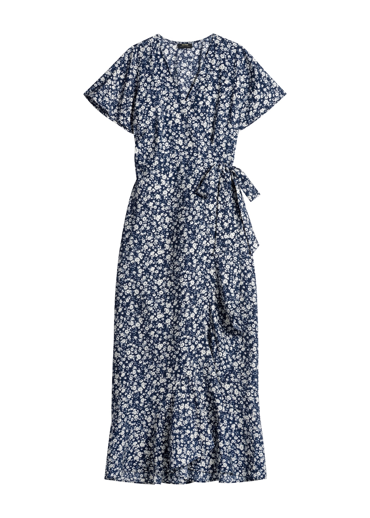 Długa sukienka w kwiaty SUKDT-0233-7P(W26), widok produktu z przodu na białym tle.