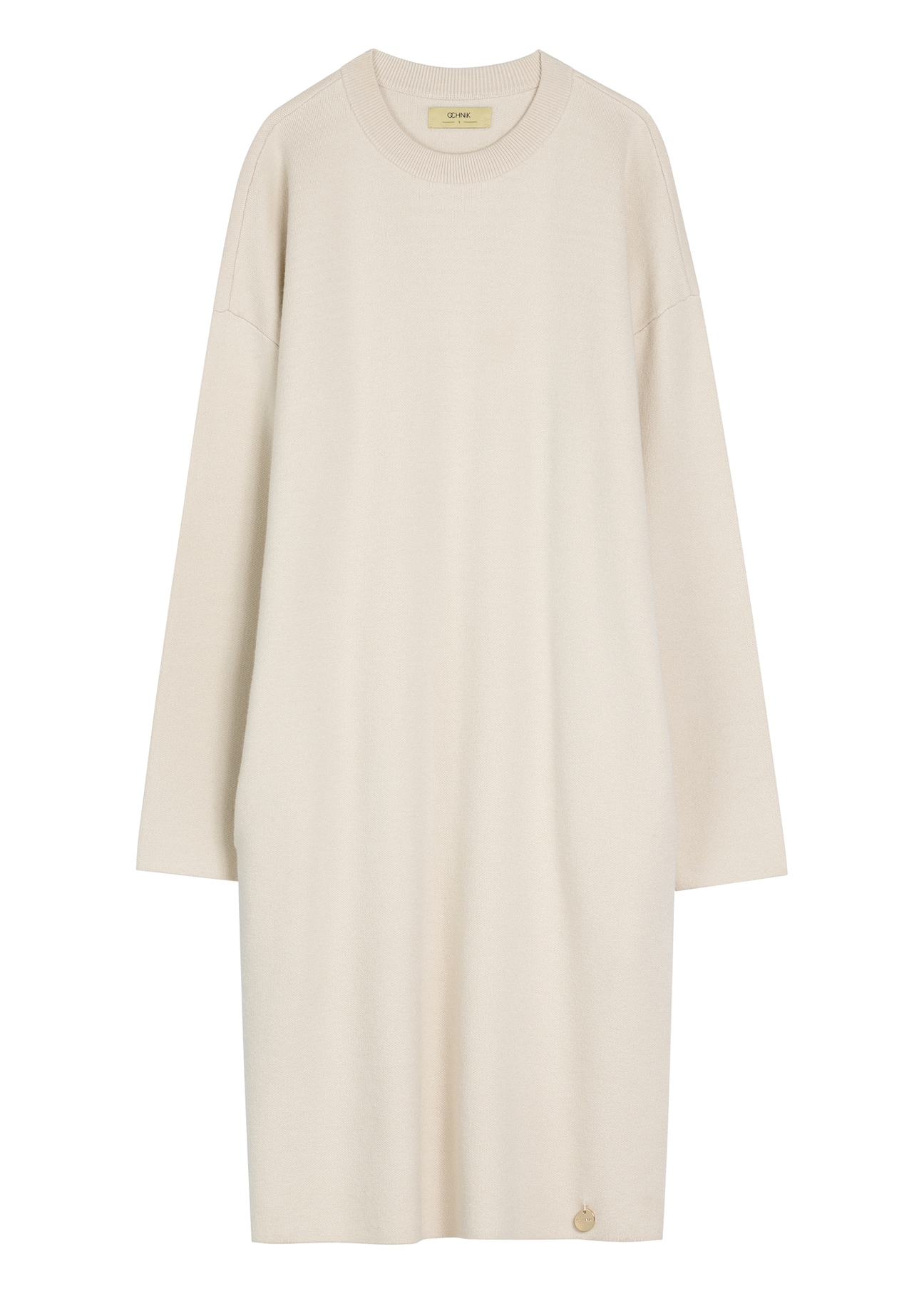 Beżowa sukienka damska SUKDT-0260-1A(W26) - widok produktu z przodu, na białym tle. 