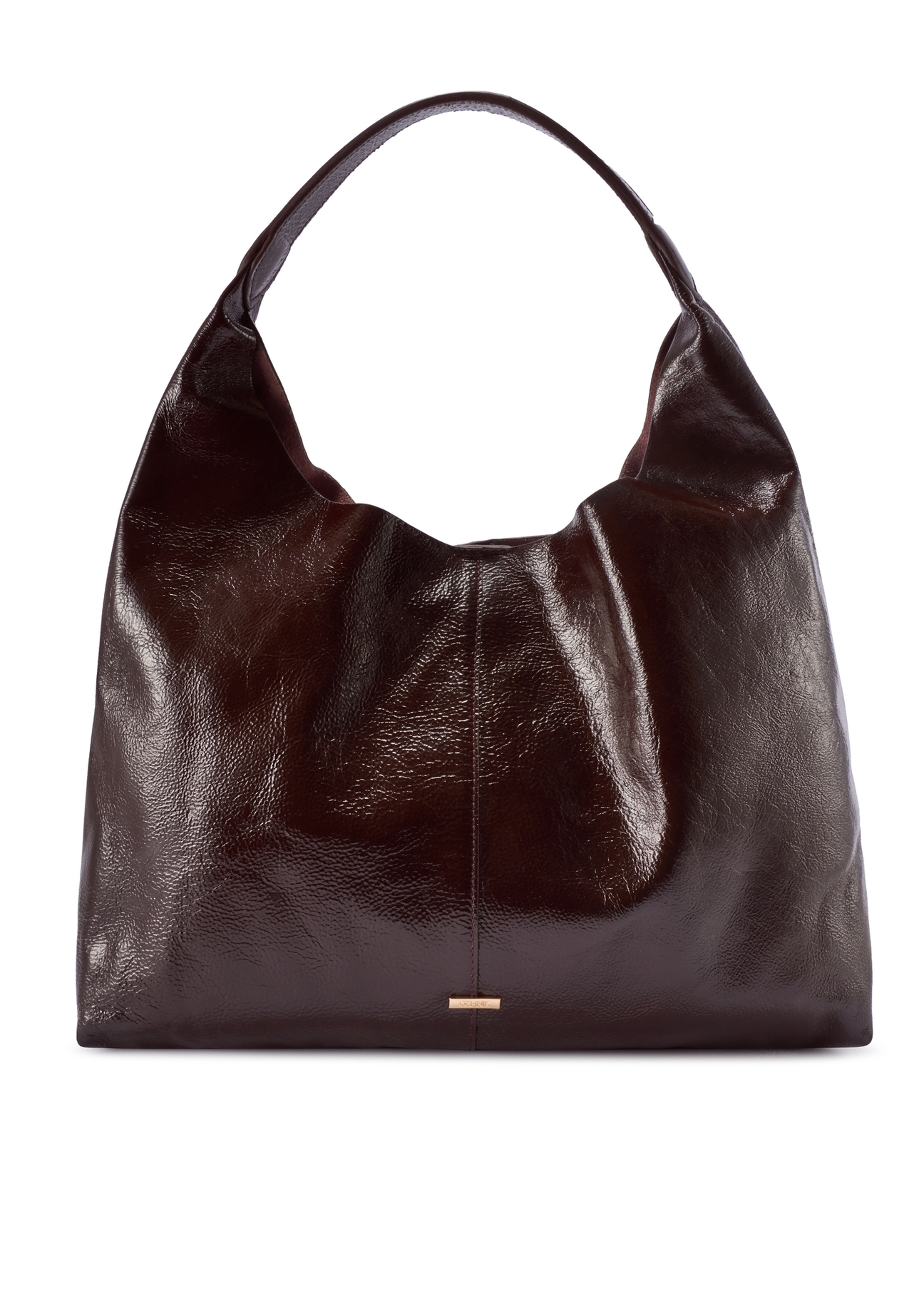 Duża skórzana brązowa torebka damska TORES-1179-1I(W26), widok produktu z przodu na białym tle.