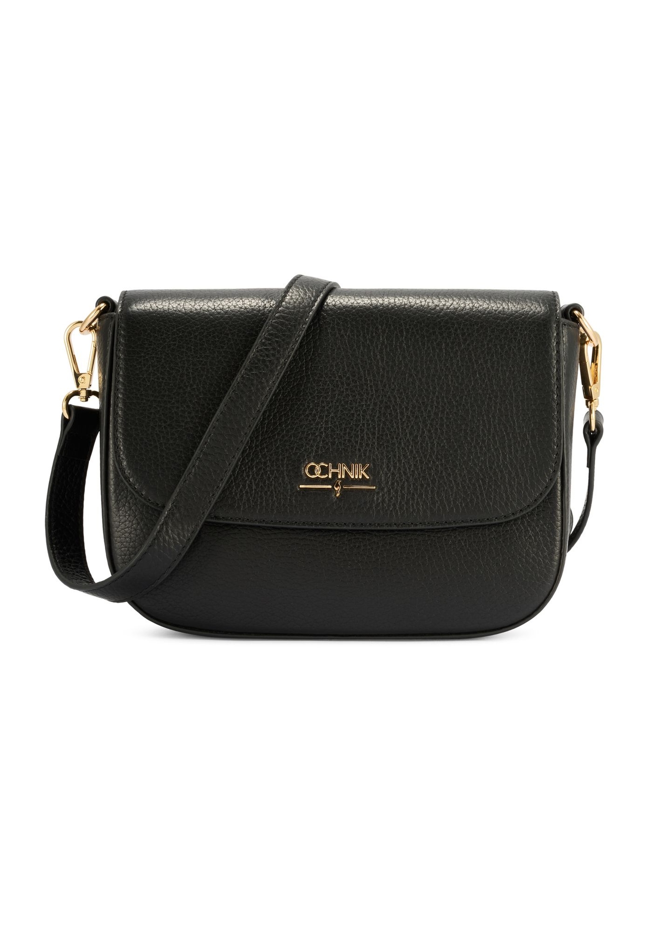 Czarna torebka listonoszka damska TORES-1282-9I(W26) - widok produktu z przodu, na białym tle. 