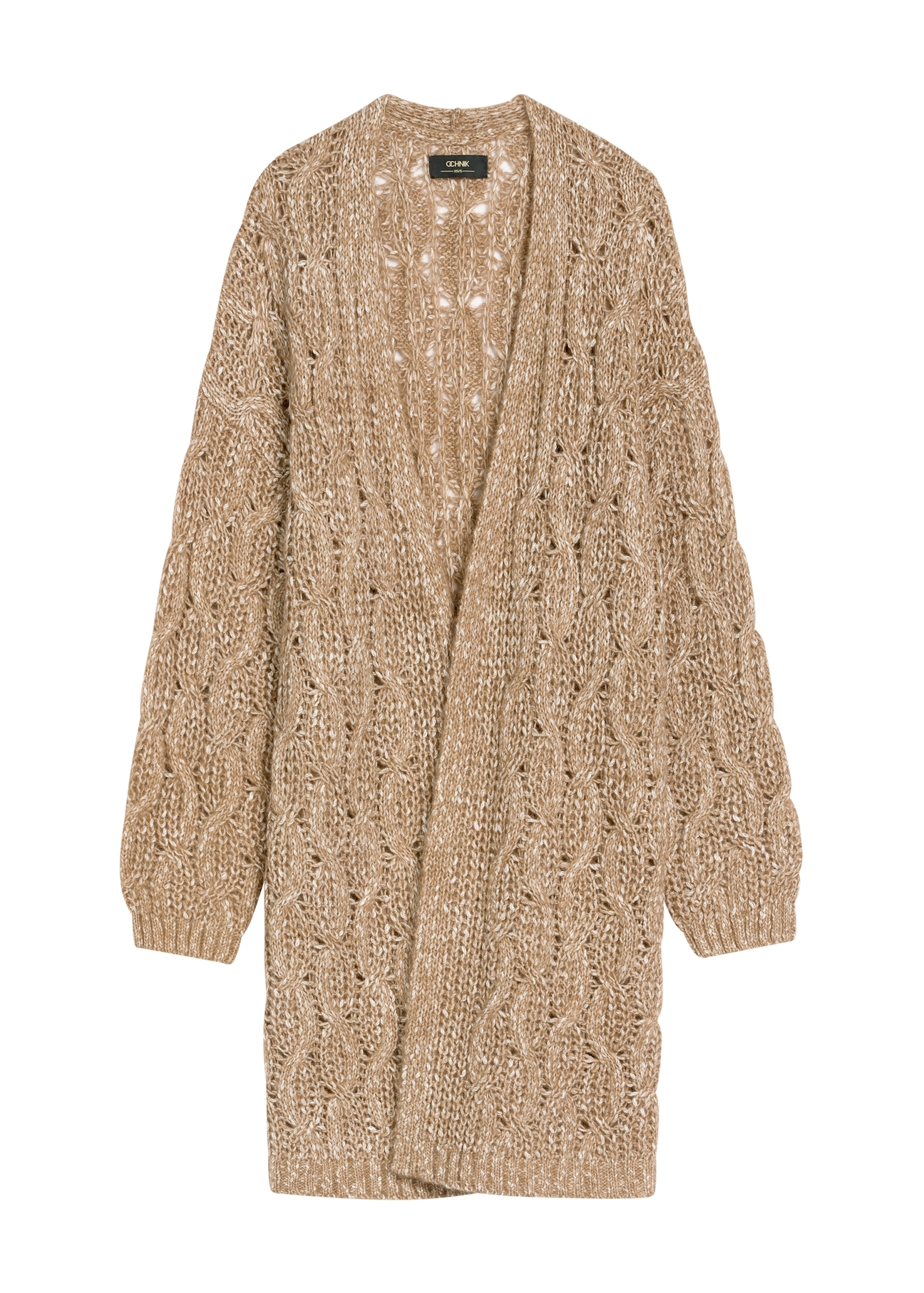 Długi kardigan damski w kolorze camelowym KARDT-0055-24(Z25), widok produktu od przodu na białym tle.