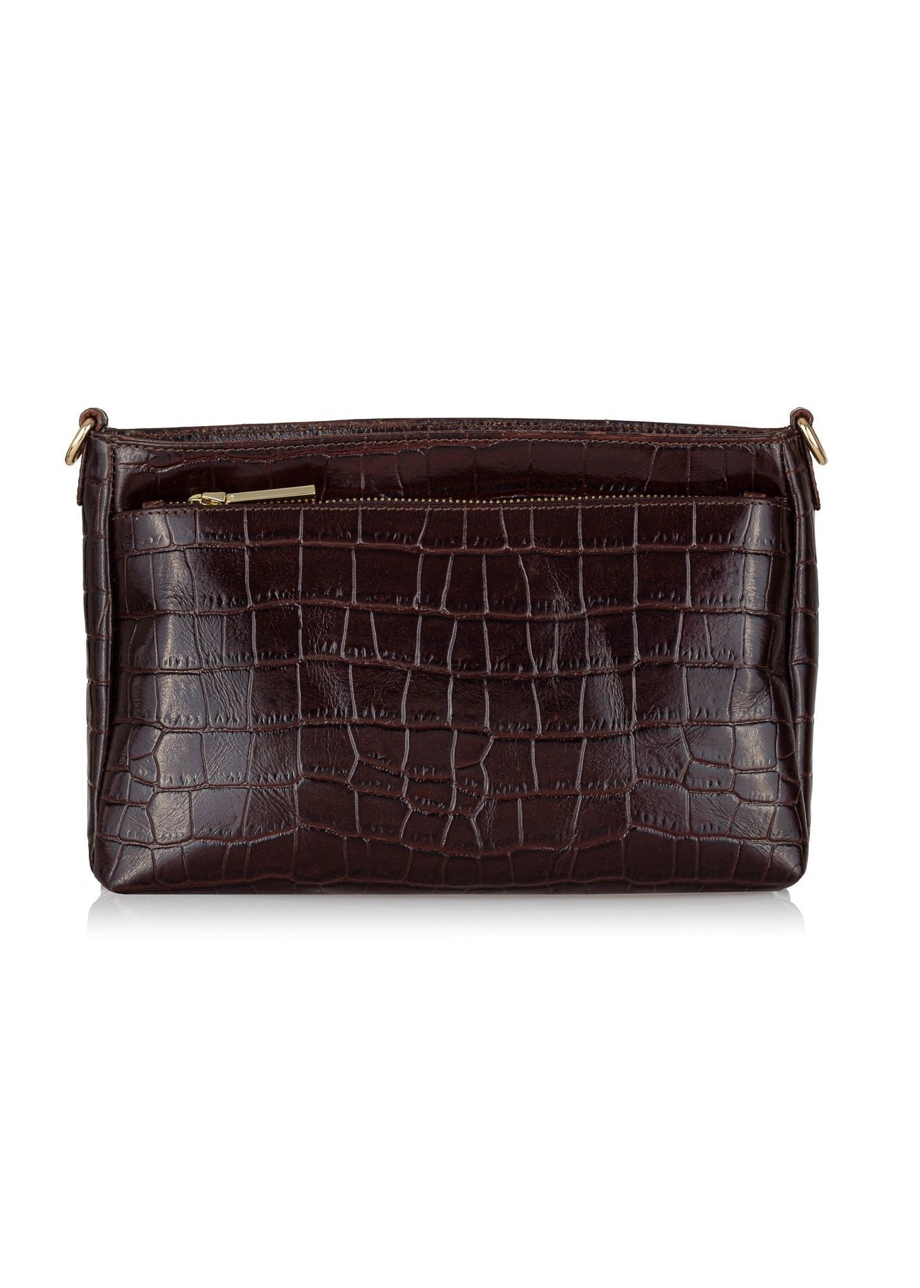 Skórzana brązowa torebka damska listonoszka TORES-0940E-89(Z25), widok produktu z tyłu na białym tle.