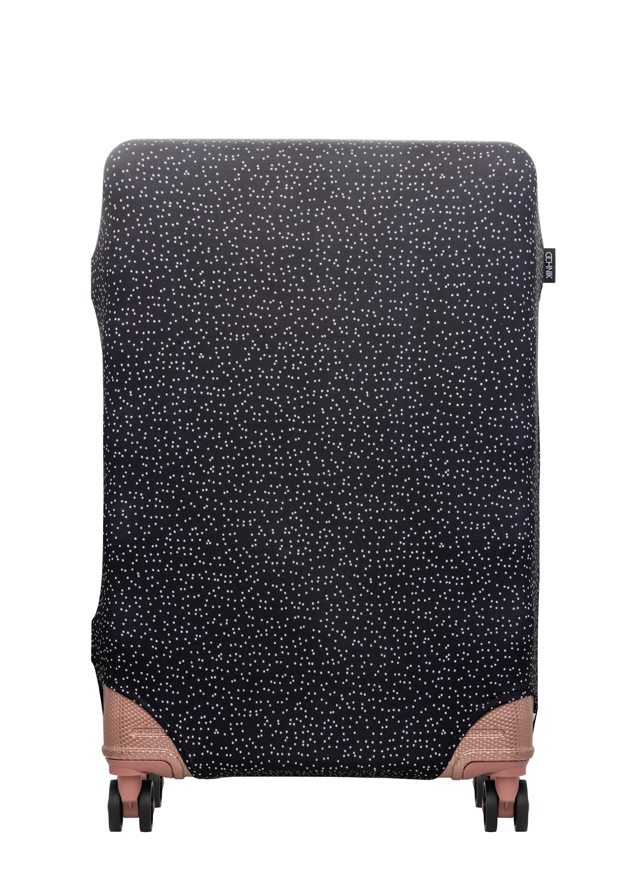 Pokrowiec na dużą walizkę w kropki AW-013-0007-9P-L(W26), widok produktu z przodu na walizce.