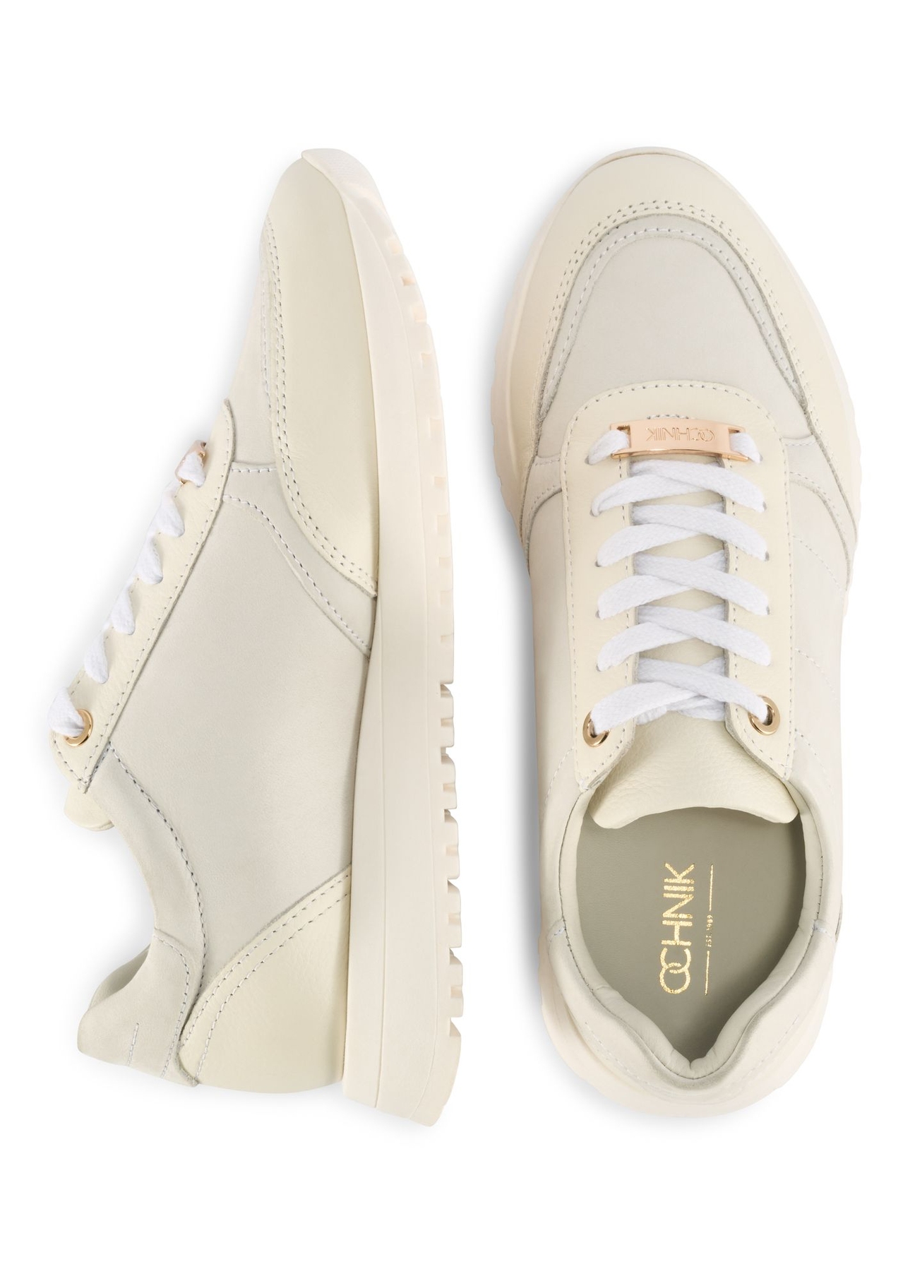 Kremowe skórzane buty sportowe damskie BUTYD-1099-11(Z 25) - widok produktu z góry na białym tle.