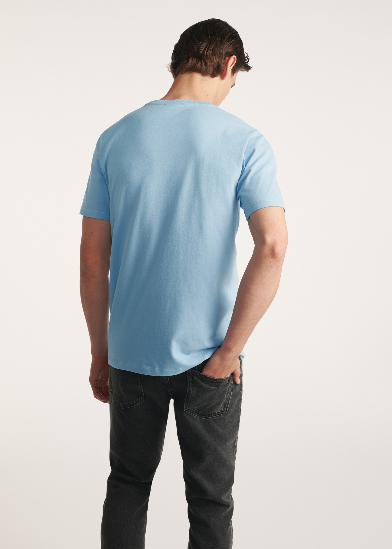 Błękitny t-shirt męski TSHMT-0120-62(Z25) - widok z tyłu na modelu na białym tle. Widoczna połowa sylwetki. 