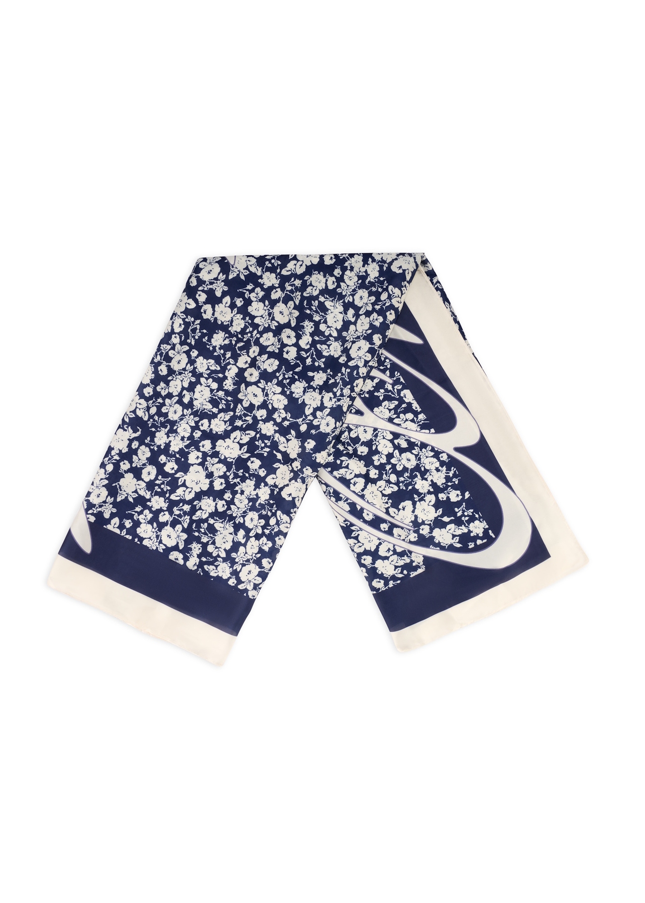 Ciemnoniebieski szalik damski w kwiaty SZADT-0191-7P(W26), widok złożonego produktu na białym tle.