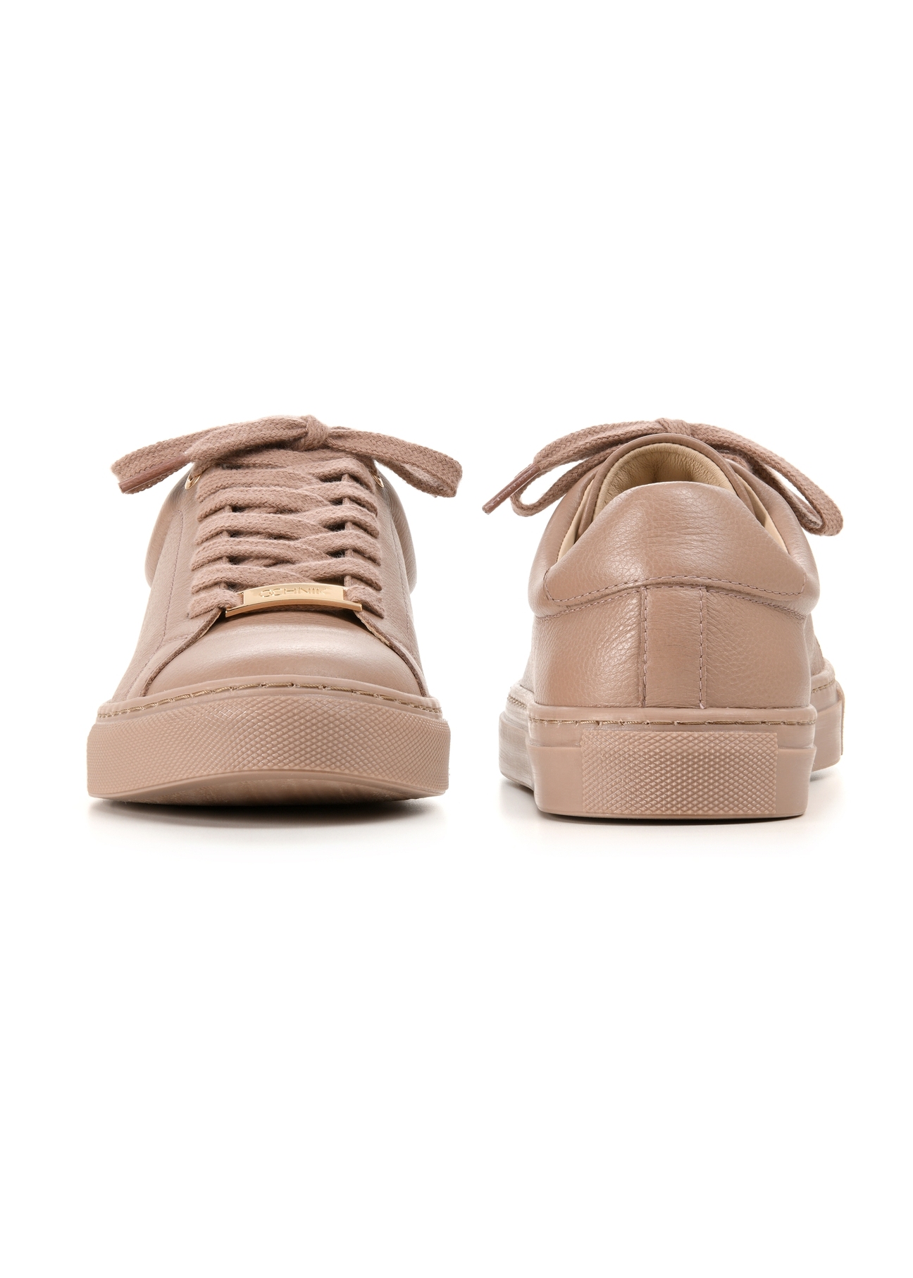 Różowe skórzane tenisówki damskie BUTYD-1068-5D(W26), widok produktu z przodu i tyłu na białym tle.