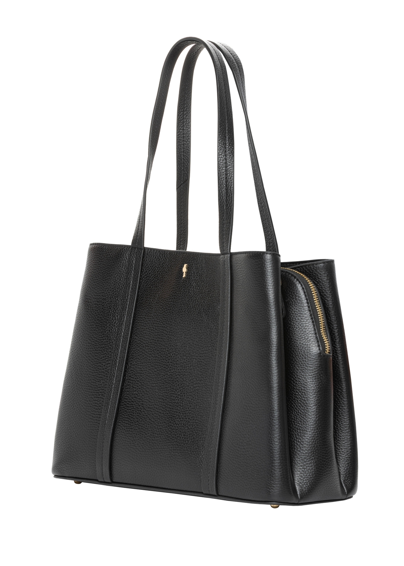 Czarna skórzana torebka shopper TORES-1342-9I(Z26). Widok od boku skosem na białym tle.