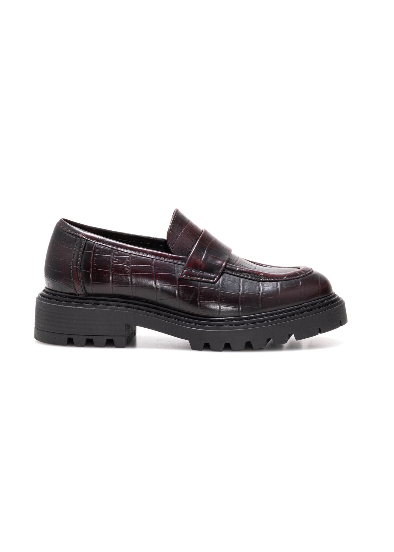 Bordowe mokasyny damskie croco BUTYD-1189-90(Z25), widok produktu z boku na białym tle.