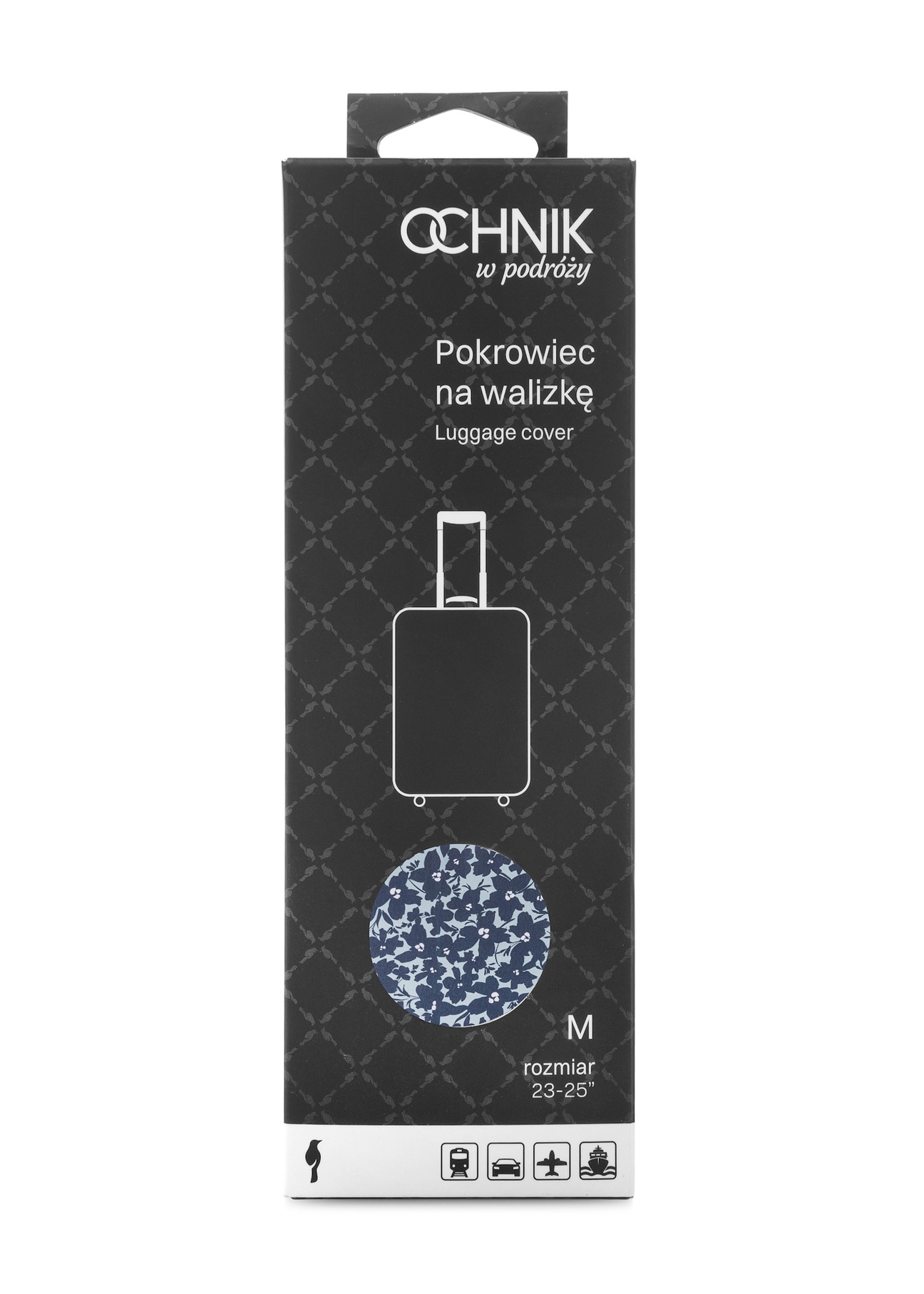 Pokrowiec na średnią walizkę w kwiaty AW-013-0004-15-M(W25), widok produktu w opakowaniu na białym tle.