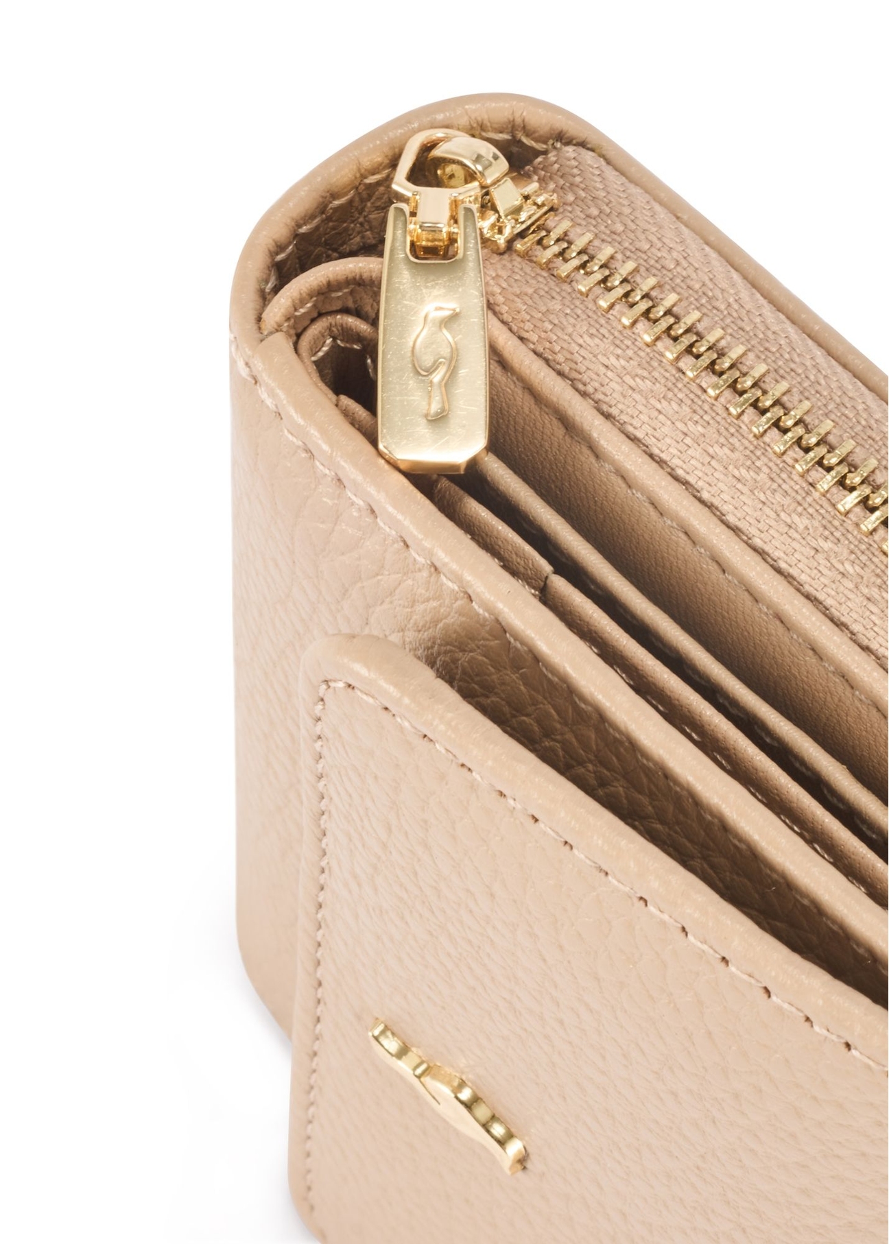 Skórzany beżowy portfel damski PORES-0802R-81(Z25), zbliżenie na detal produktu, widok na białym tle.