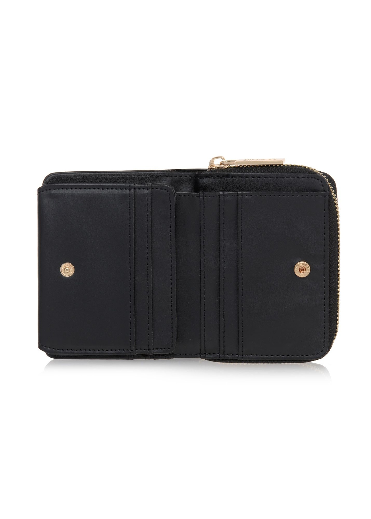Mały czarny portfel damski z monogramem POREC-0349A-9P(Z26), widok produktu w środku na białym tle.