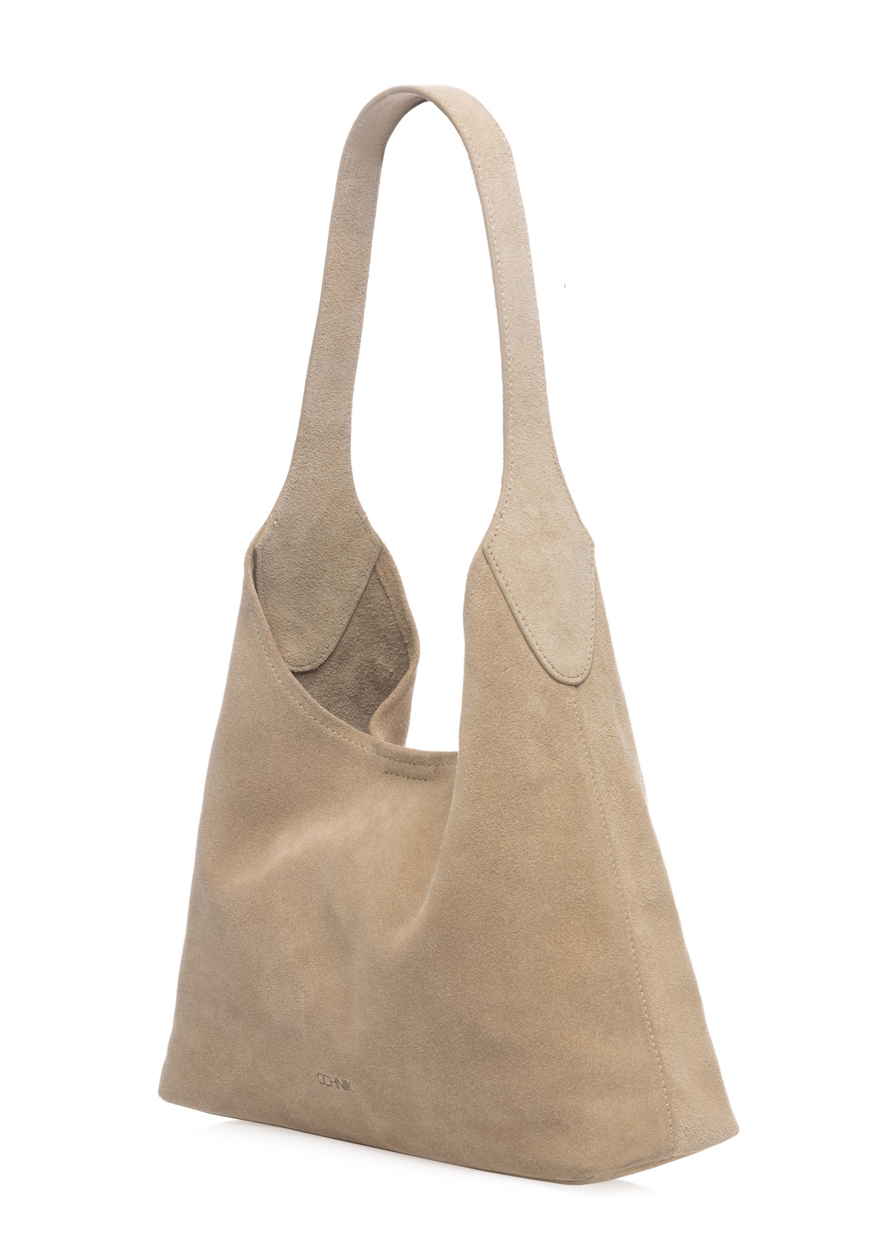 Kremowa zamszowa torebka damska TORES-1308-0B(W26), widok produktu skosem na białym tle.