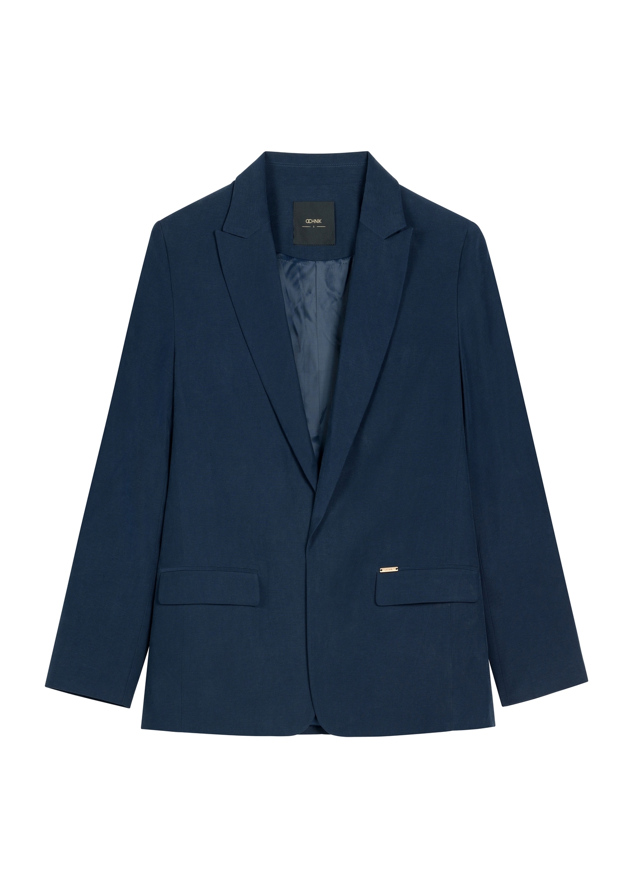 Marynarka damska w kolorze granatowym ZAKDT-0031A-7E(W26), widok produktu z przodu na białym tle.