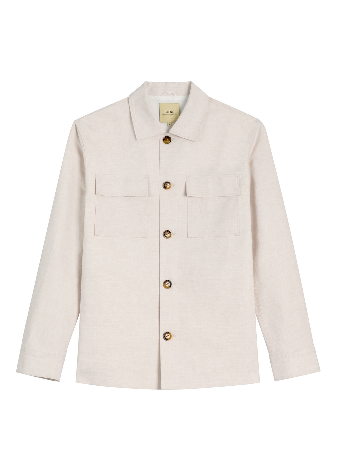 Jasnobeżowa lniana kurtka męska KURMT-0420-1A(W26) - widok produktu z przodu, na białym tle.