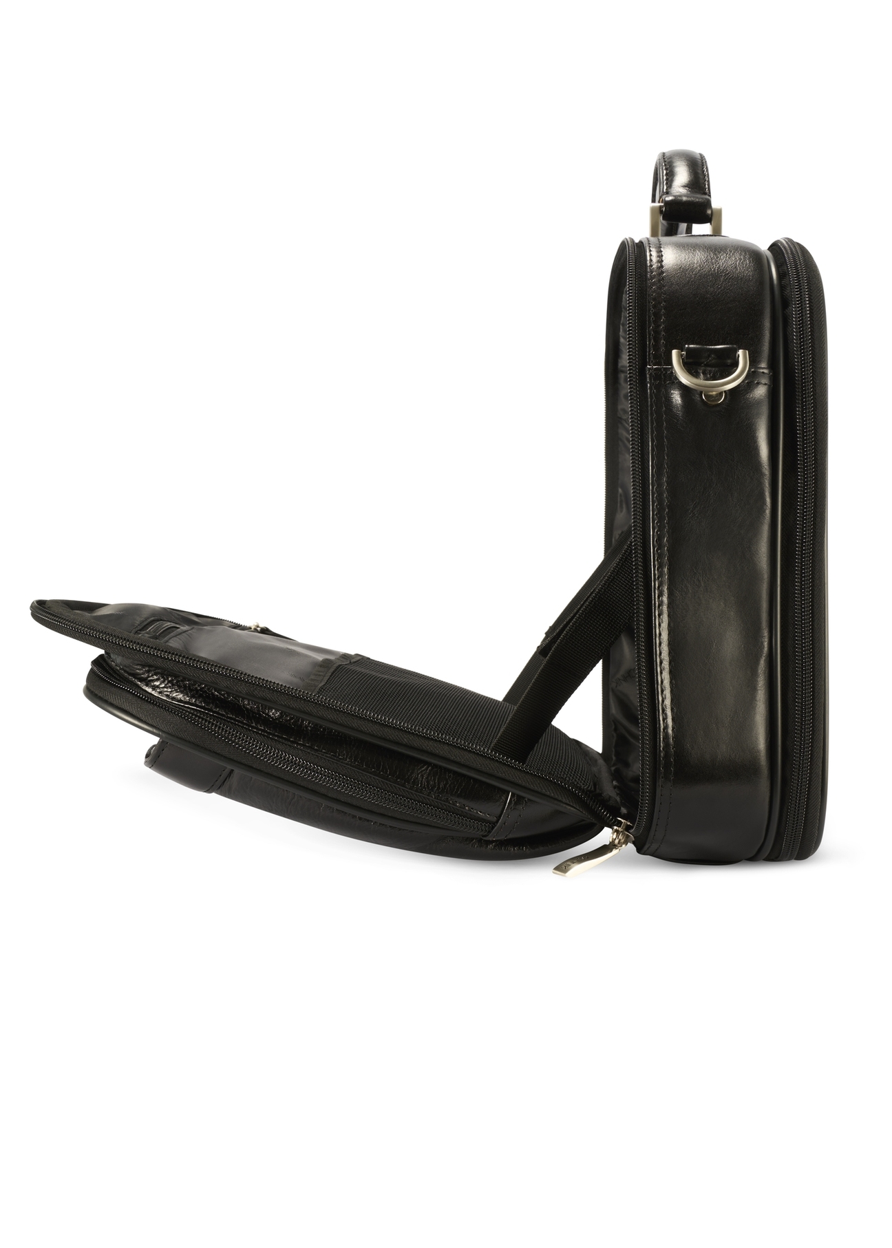 Czarna skórzana męska torba na laptopa TORMS-0482-99(Z25), widok produktu od boku na białym tle.