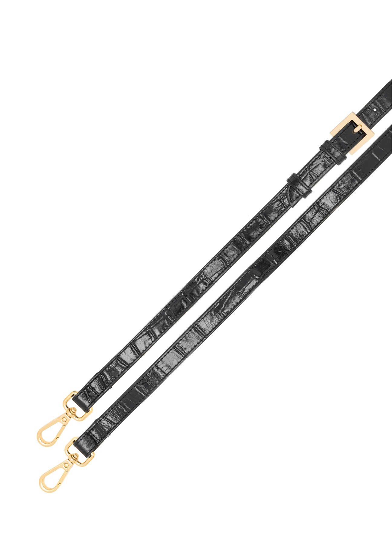 Czarna mała skórzana torebka croco TORES-1233-9G(W26), zbliżenie na odpinany pasek produktu, wiodk na białym tle.
