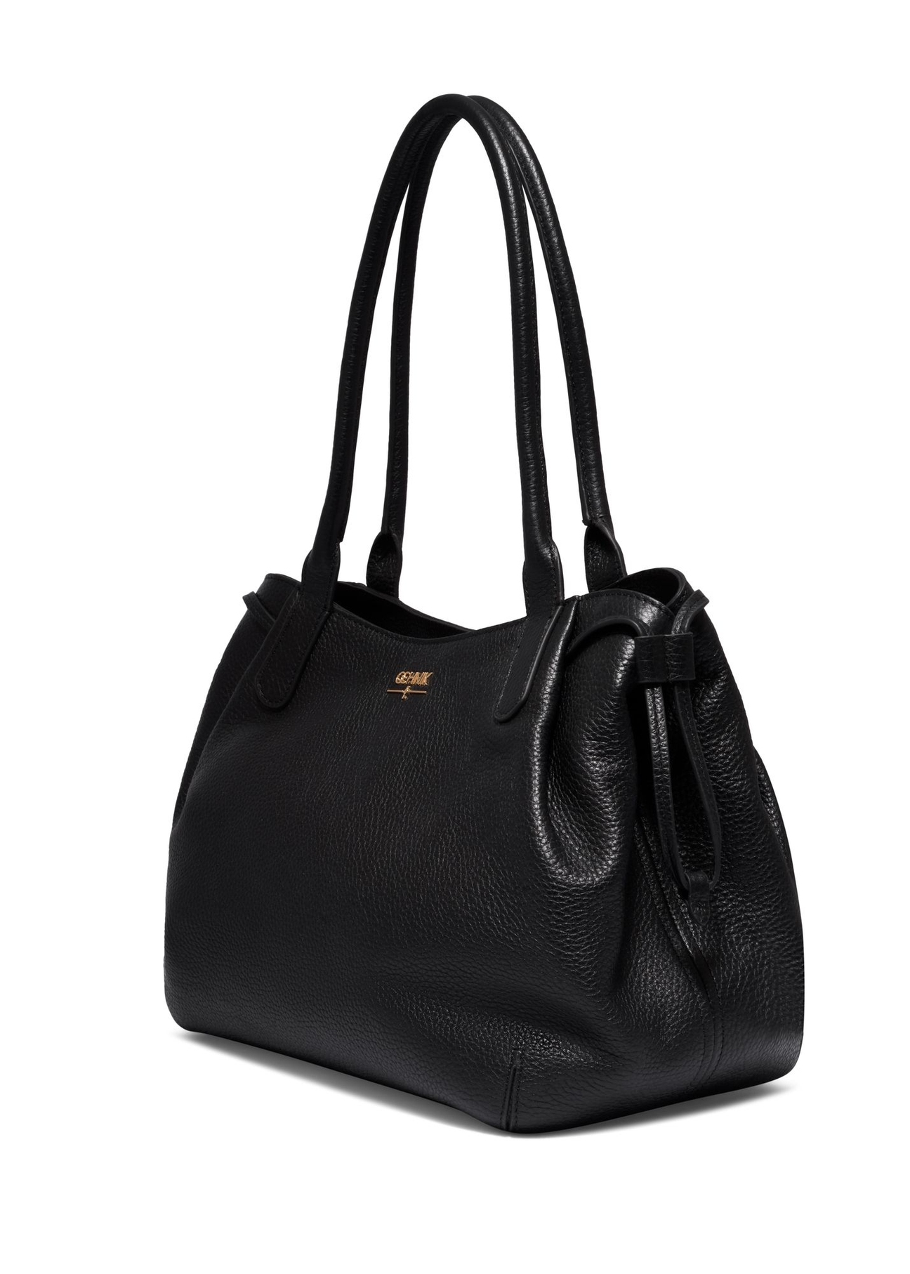Skórzana torebka shopper w kolorze czarnym TORES-1360-9I(Z26) - widok produktu po skosie, na białym tle.