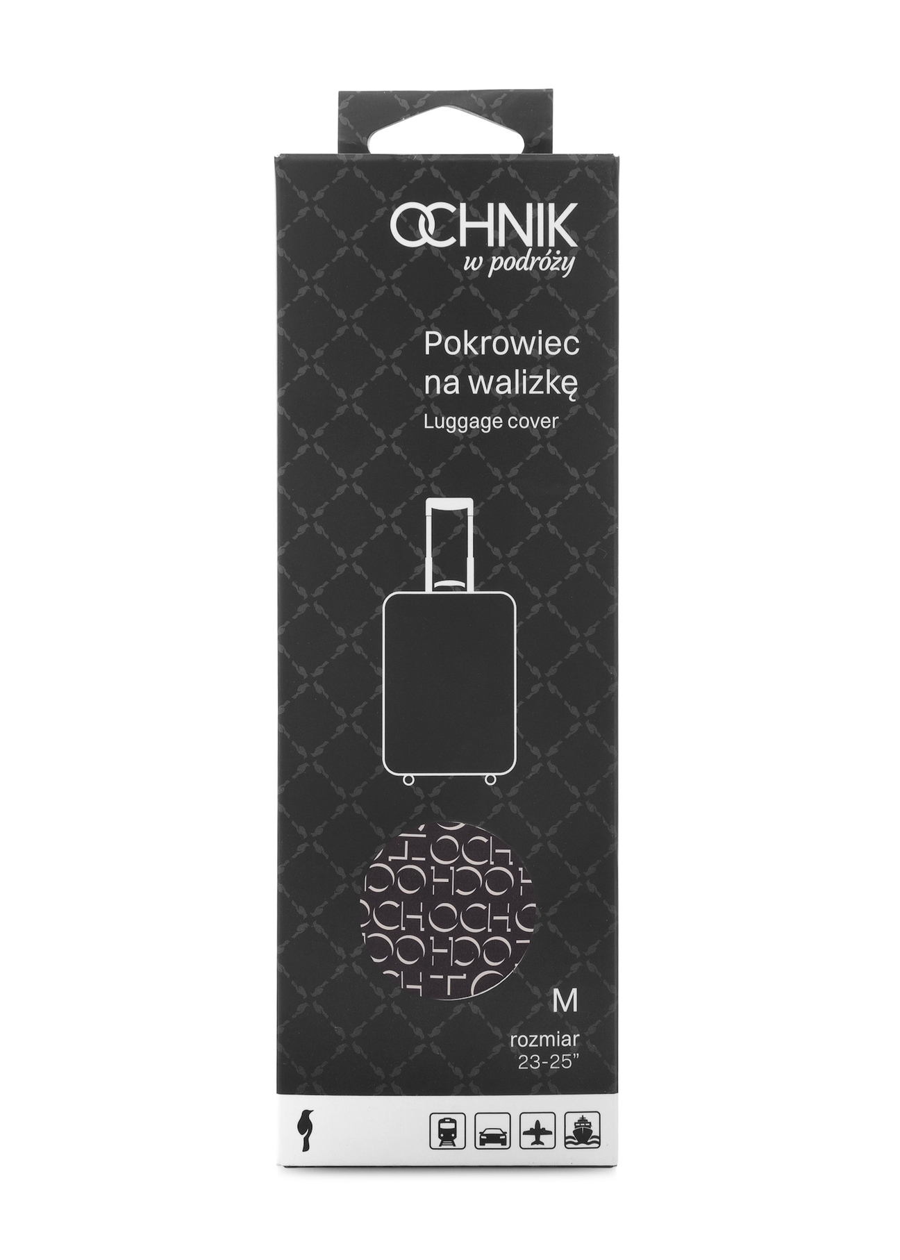 Pokrowiec na średnią walizkę z monogramem AW-013-0001-98-M(W25), widok produktu w opakowaniu na białym tle.