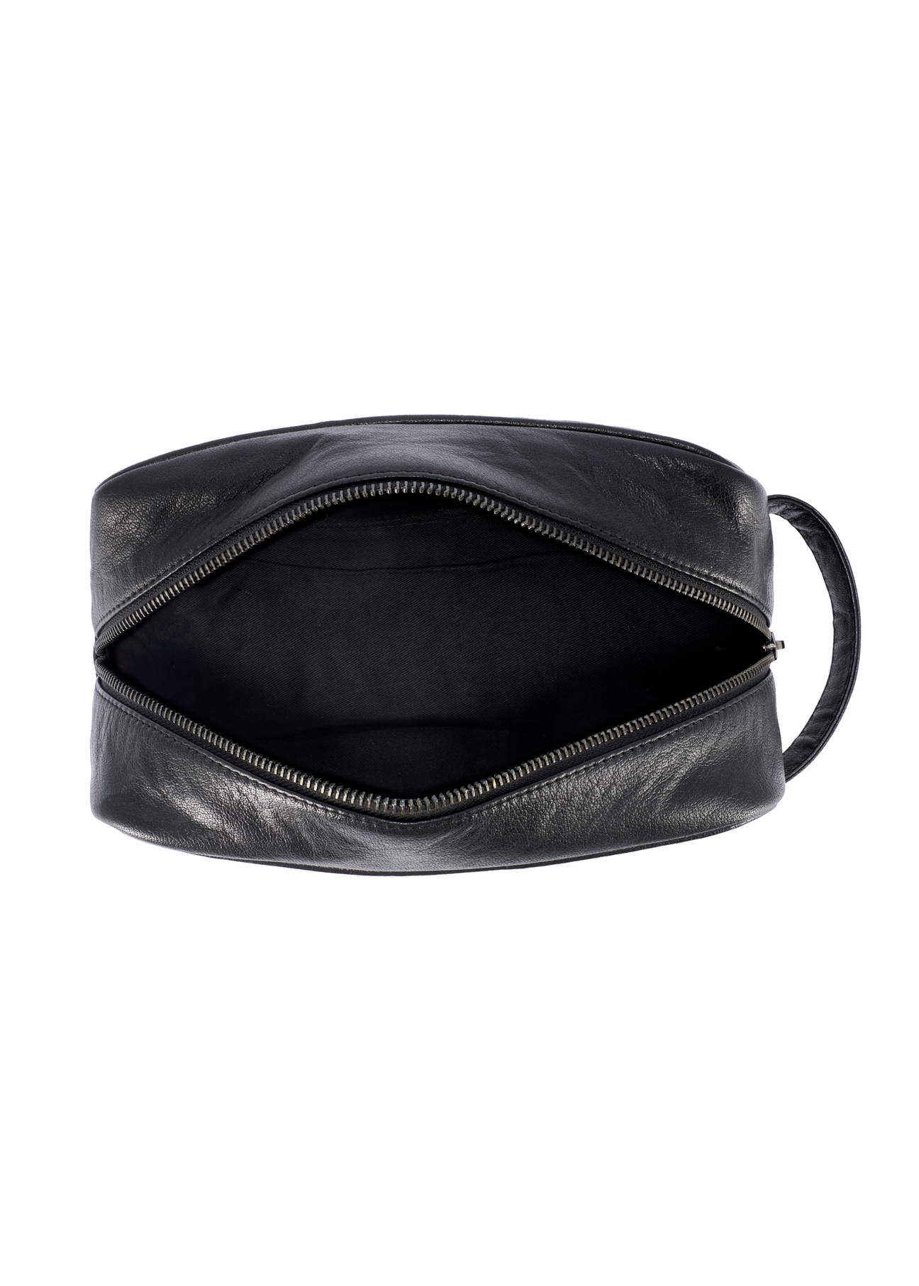 Czarna skórzana kosmetyczka męska TORMS-0490-99(W26), widok produktu od środka na białym tle.