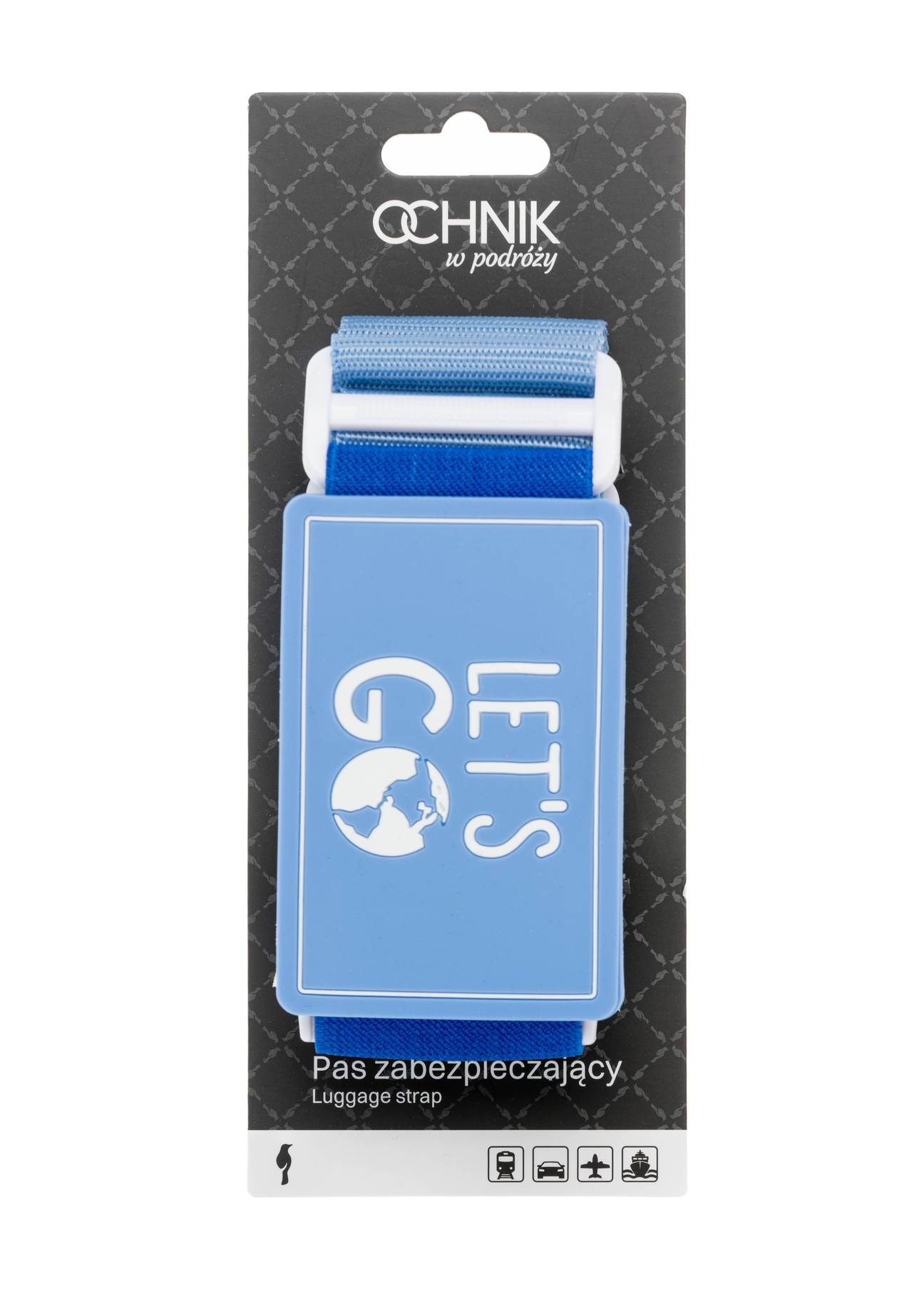 Pas bagażowy w kolorze niebieskim AW-011-0002-7B(W26), widok produktu od przodu w opakowaniu na białym tle.