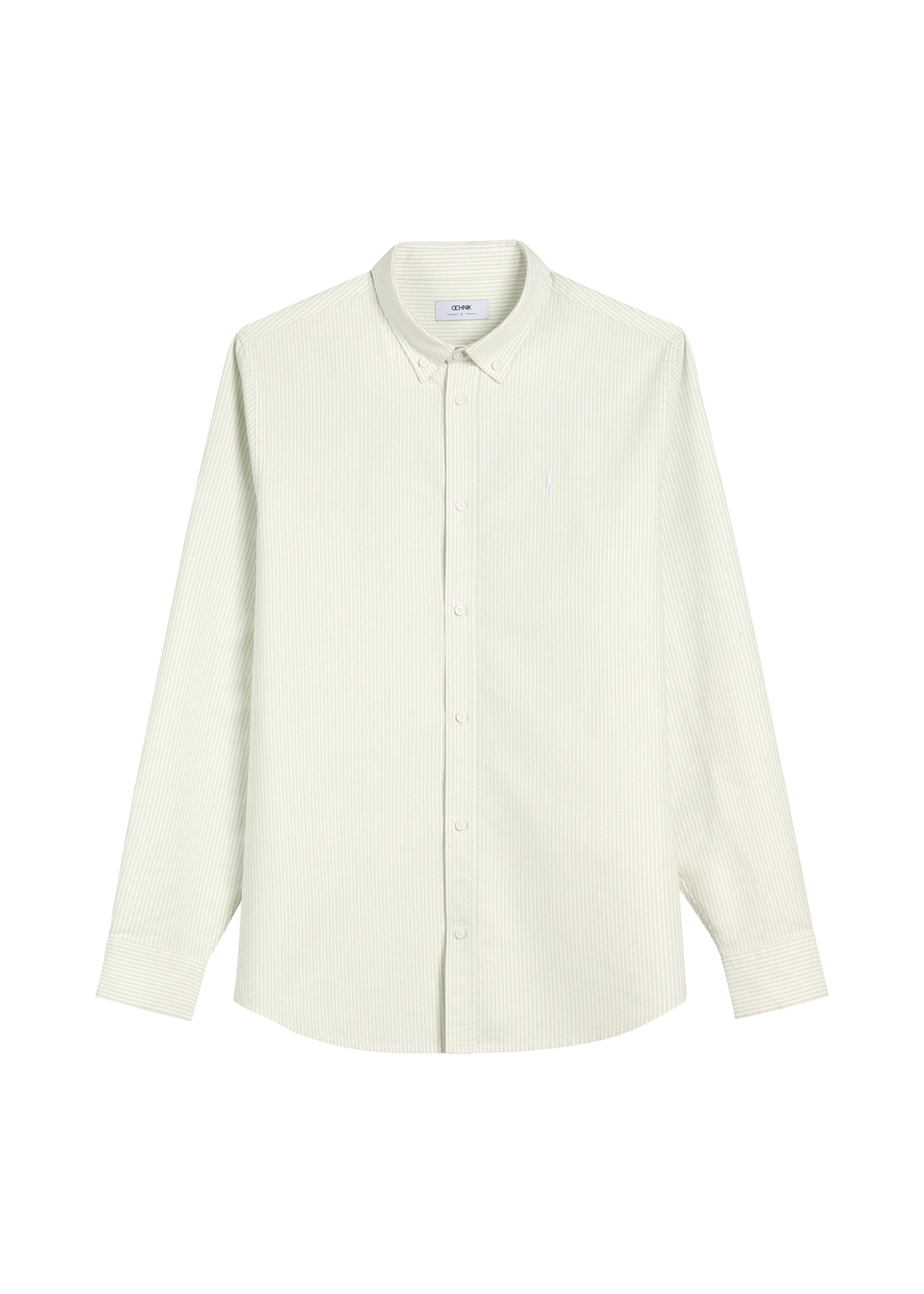 Bawełniana szałwiowa koszula męska w paski KOSMT-0354-8F(W26), widok produktu z przodu na białym tle.