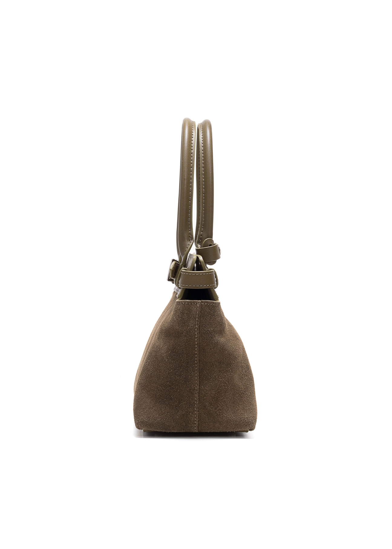 Zamszowa torebka damska w kolorze khaki TORES-1192-55(Z25), widok produktu z boku na białym tle.