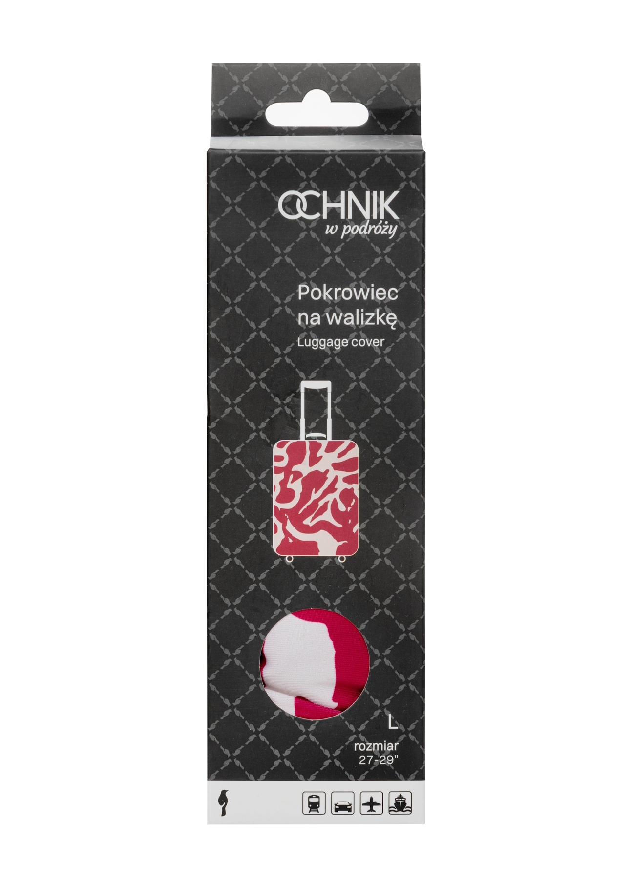 Różowy pokrowiec na średnią walizkę AW-013-0007-5P-M(W26), widok produktu z przodu w opakowaniu.