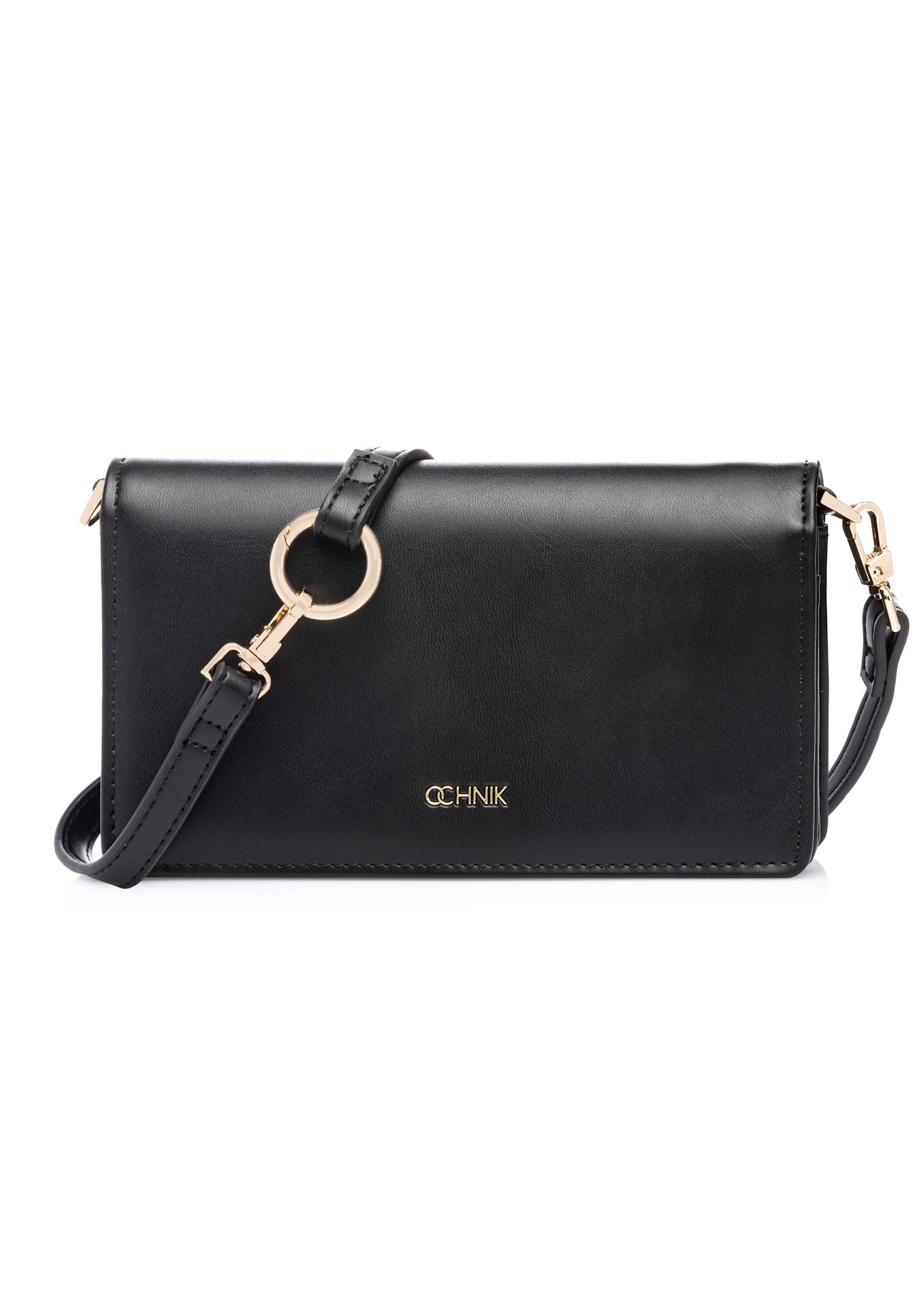 Czarny portfel damski z paskiem POREC-0431-99(W26), widok produktu z przodu na białym tle.