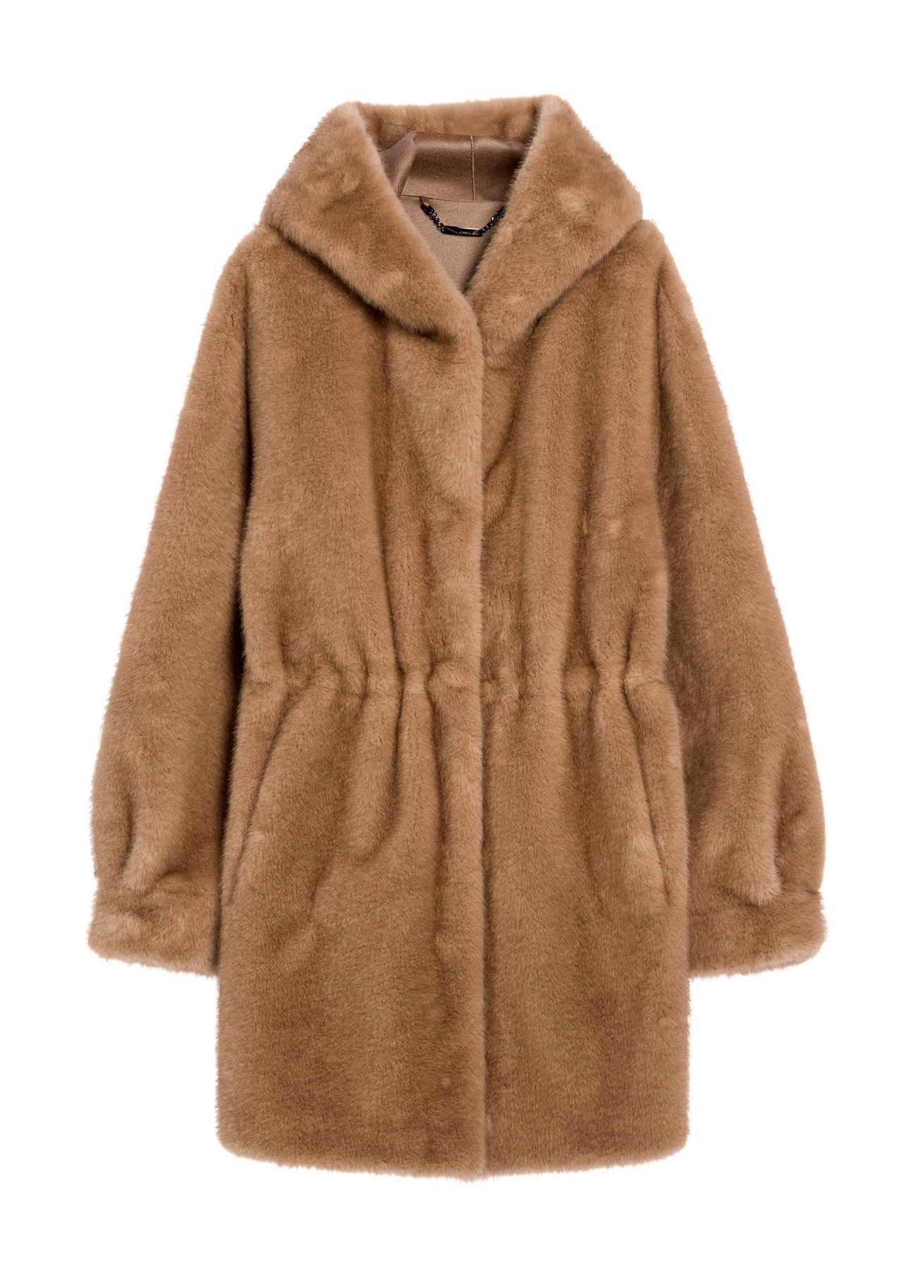 Beżowe futro damskie z kapturem FUTDP-0062-81(Z25), widok produktu z przodu na białym tle.