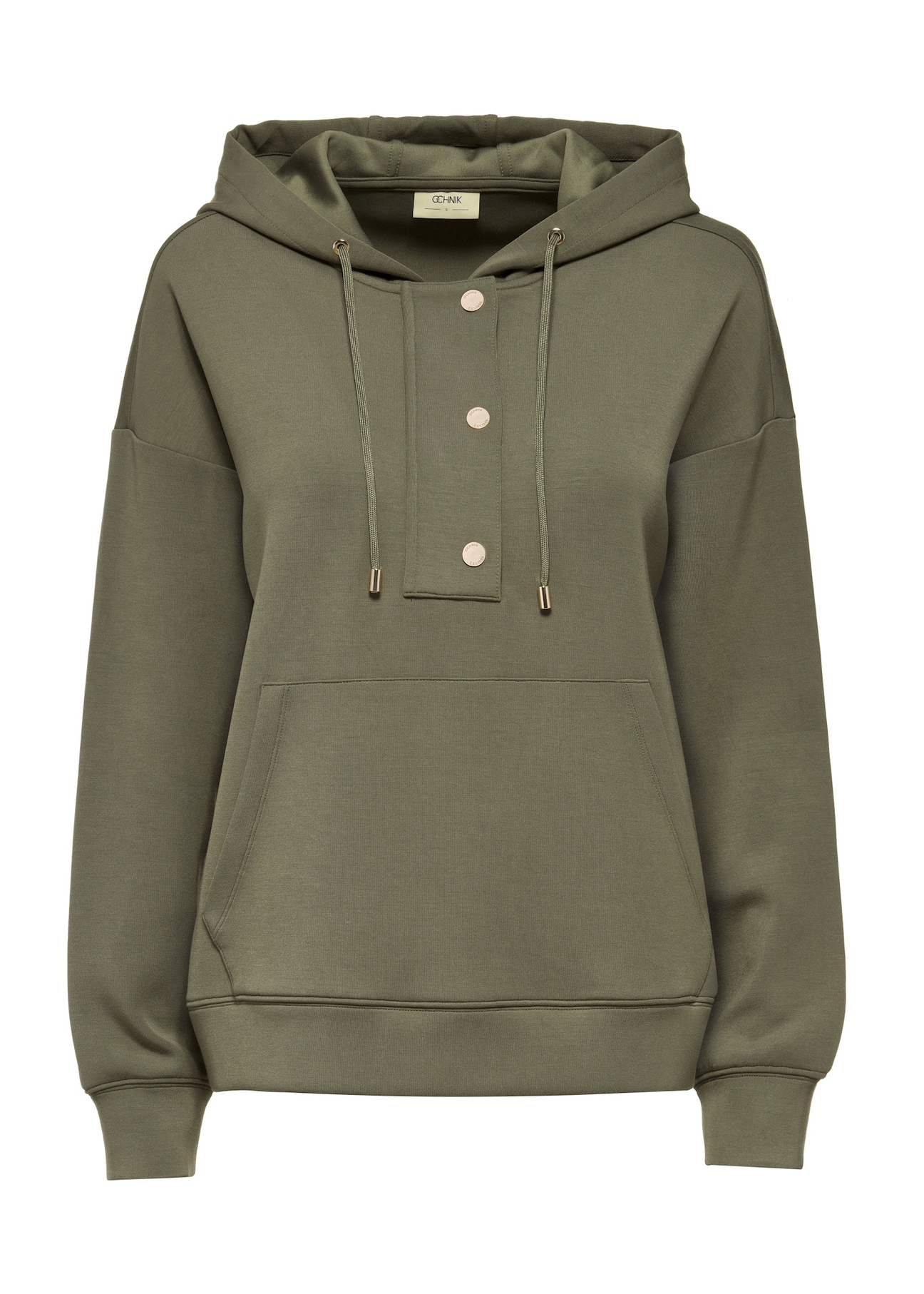 Bluza damska khaki z kapturem BLZDT-0111-55(W25), widok produktu z przodu na białym tle.