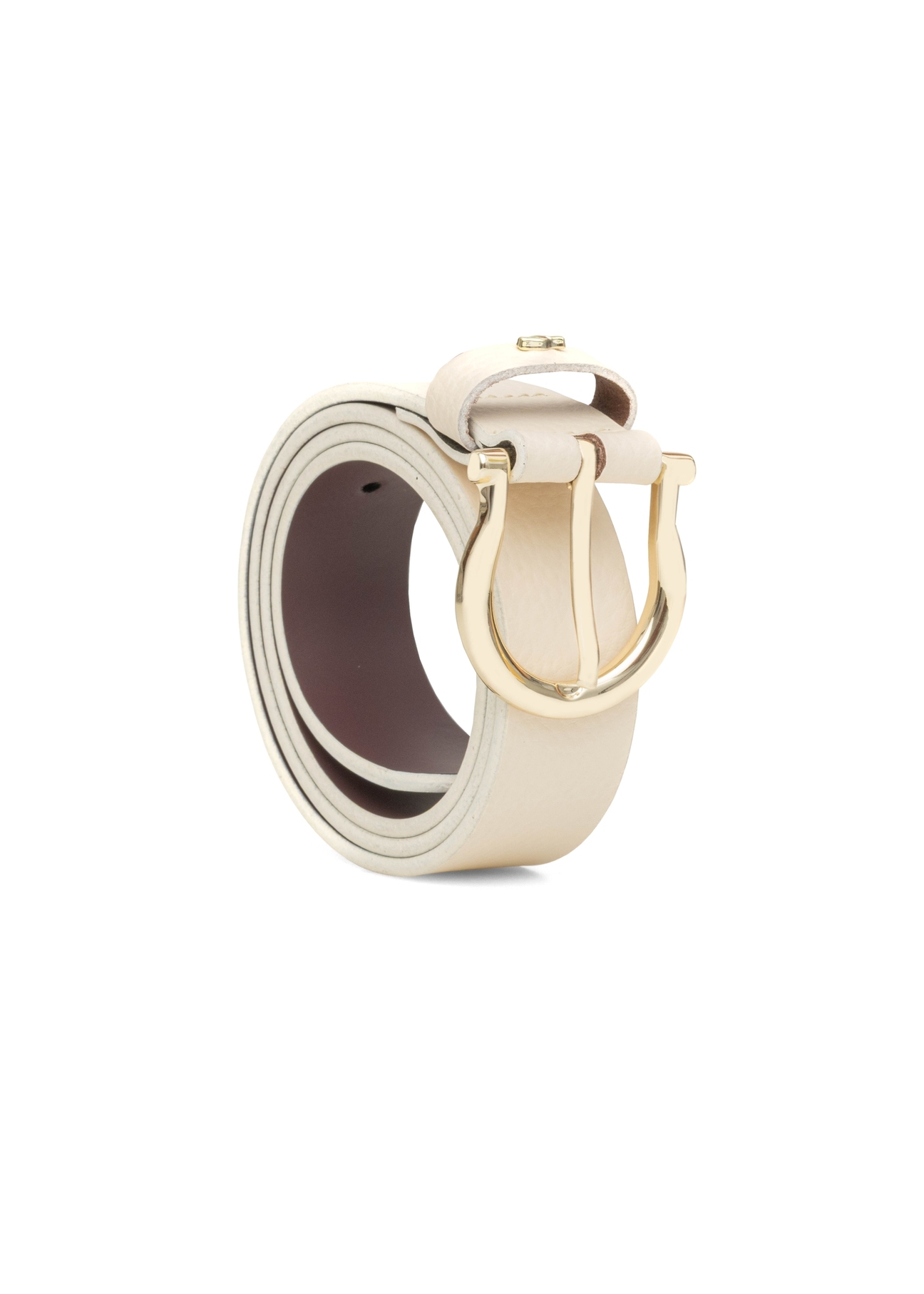 Skórzany pasek damski w kolorze białym PASDS-0274-0B(W26), widok produktu skosem na białym tle.