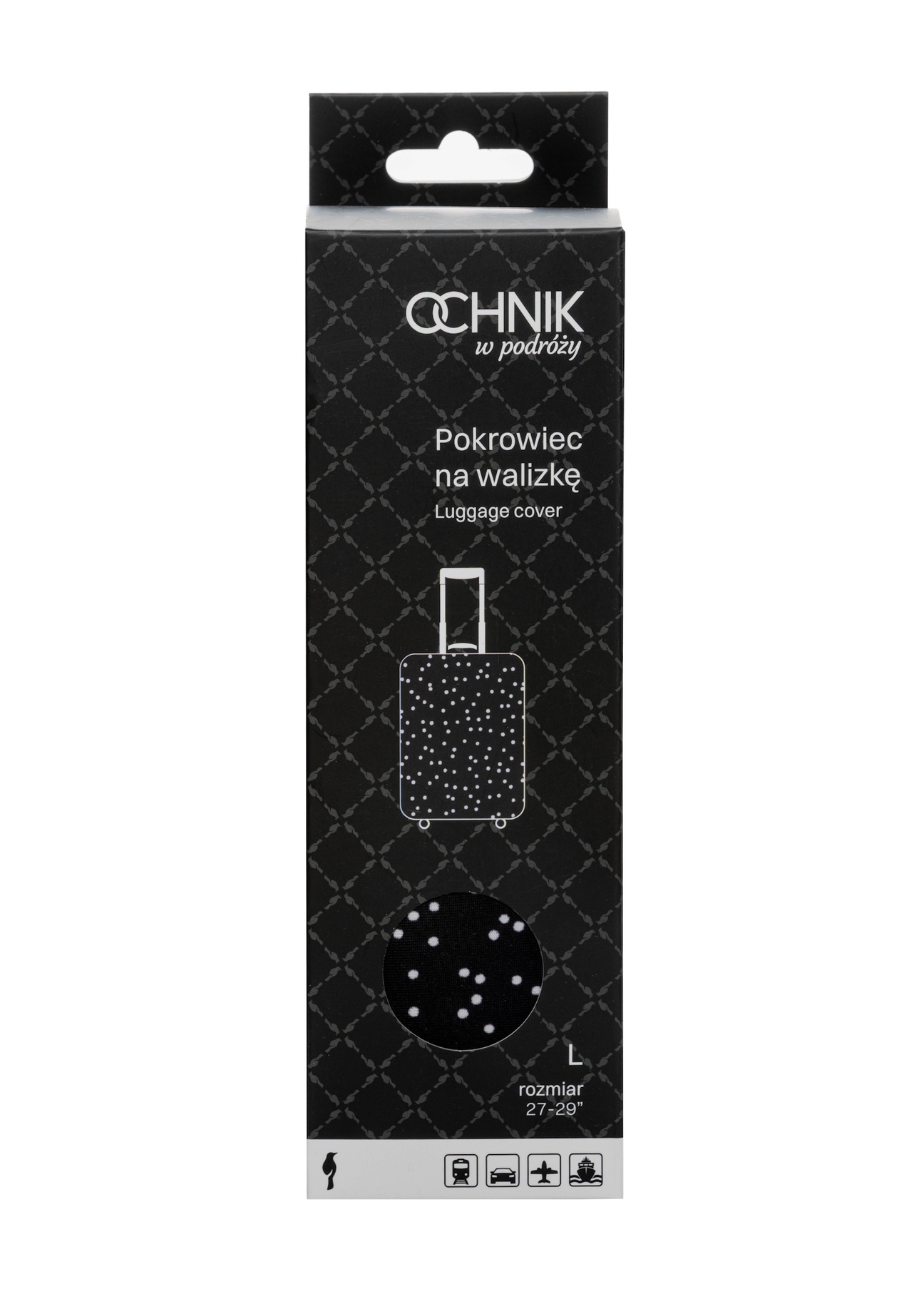Pokrowiec na dużą walizkę w kropki AW-013-0007-9P-L(W26), widok produktu z przodu w opakowaniu.