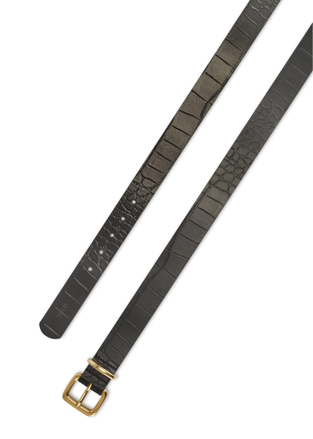 Czarny skórzany pasek damski croco PASDS-0312A-97(Z25), widok na klamrę produktu na białym tle.