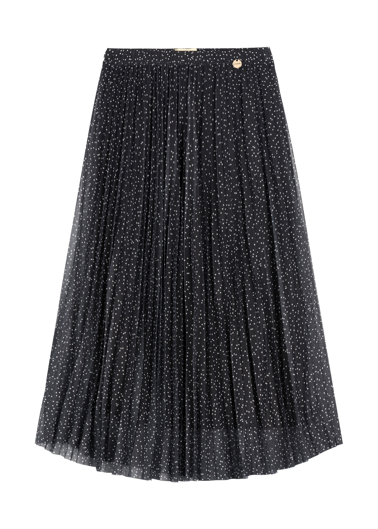 Spódnica plisowana midi w kropki SPCDT-0110-9P(W26) - widok produktu z przodu, na białym tle. 