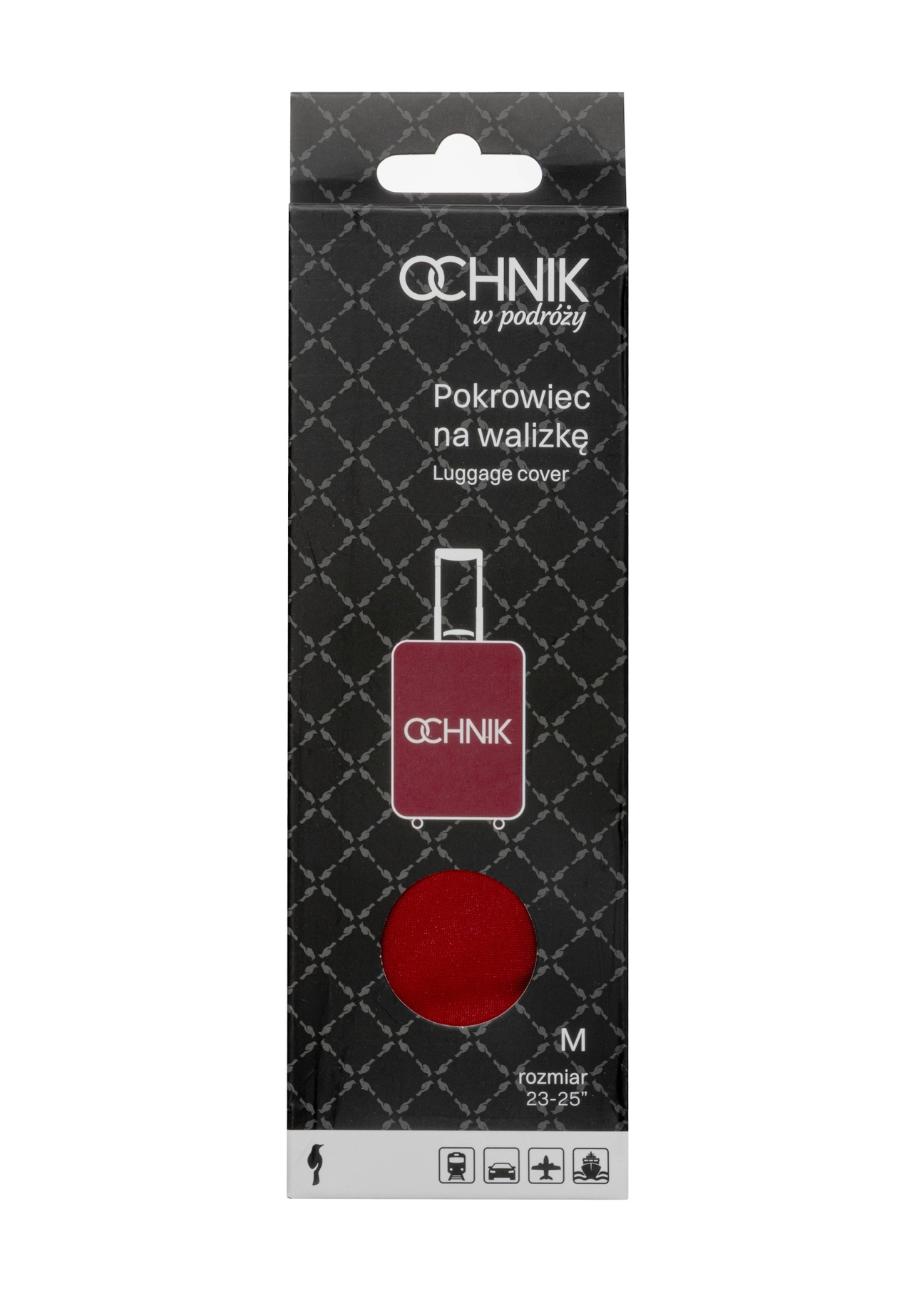 Czerwony pokrowiec na średnią walizkę z logo AW-013-0002-4B-M(W26), widok produktu z przodu w opakowaniu.