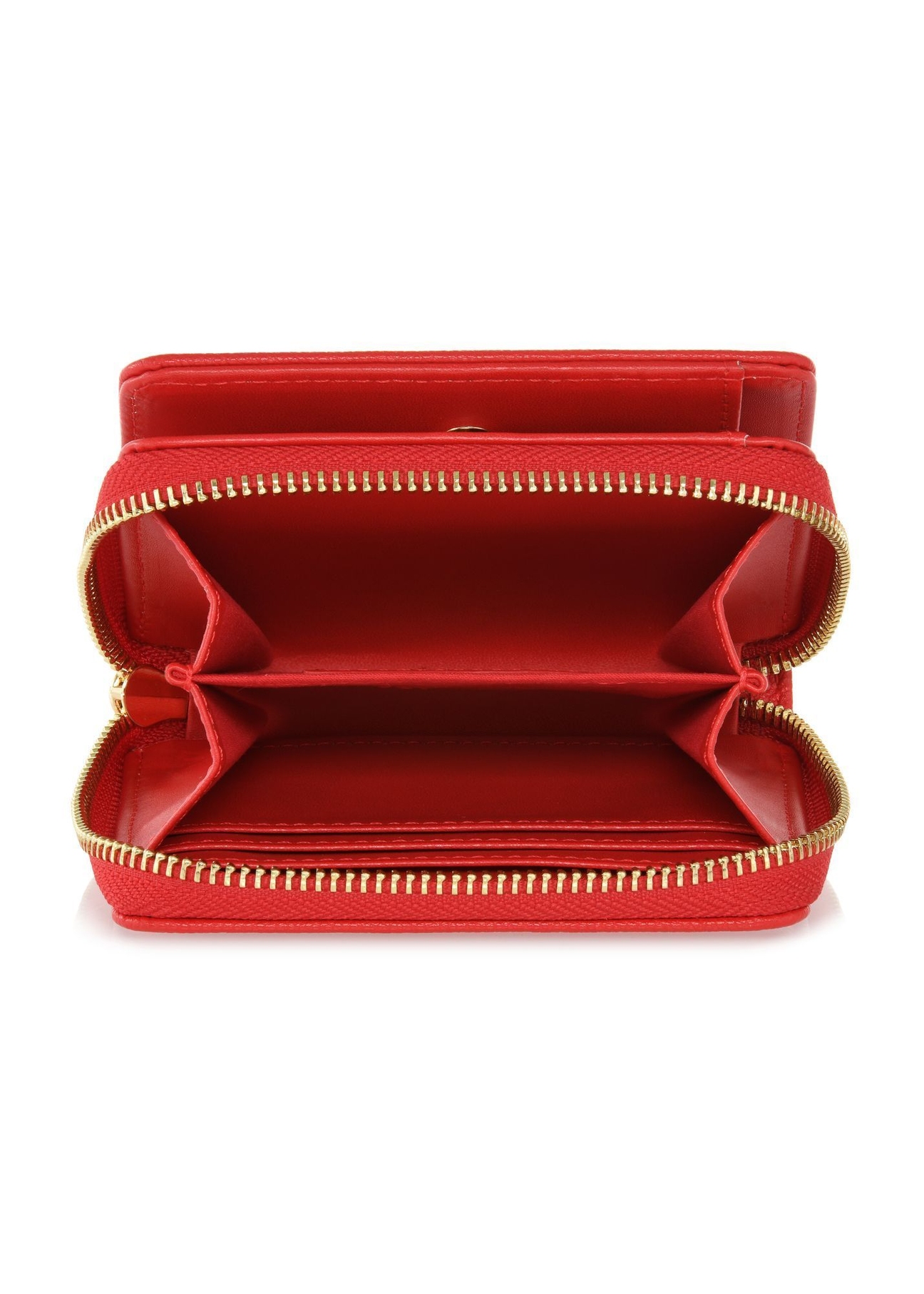 Mały czerwony portfel damski z logo POREC-0366-4A(W26), widok produktu w środku na białym tle.