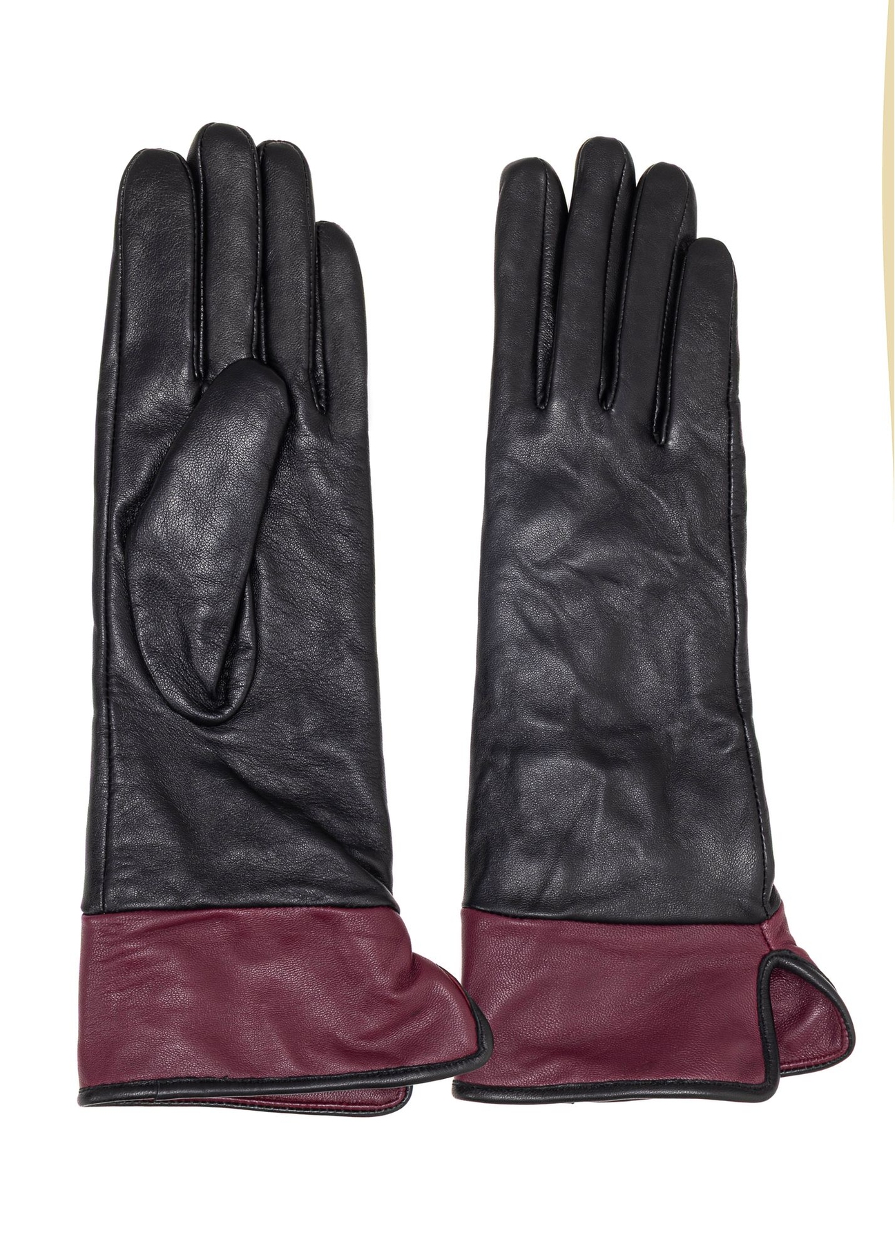 Czarno-bordowe skórzane rękawiczki damskie REKDS-0094-99(Z25) - widok produktu z góry na białym tle. 