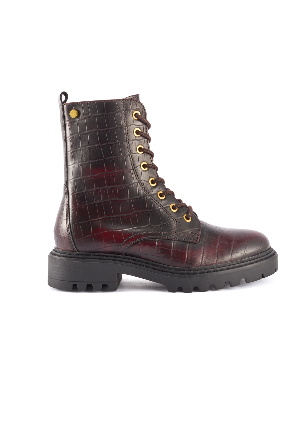 Bordowe botki damskie croco BUTYD-1192-90(Z25), widok produktu z boku na białym tle.