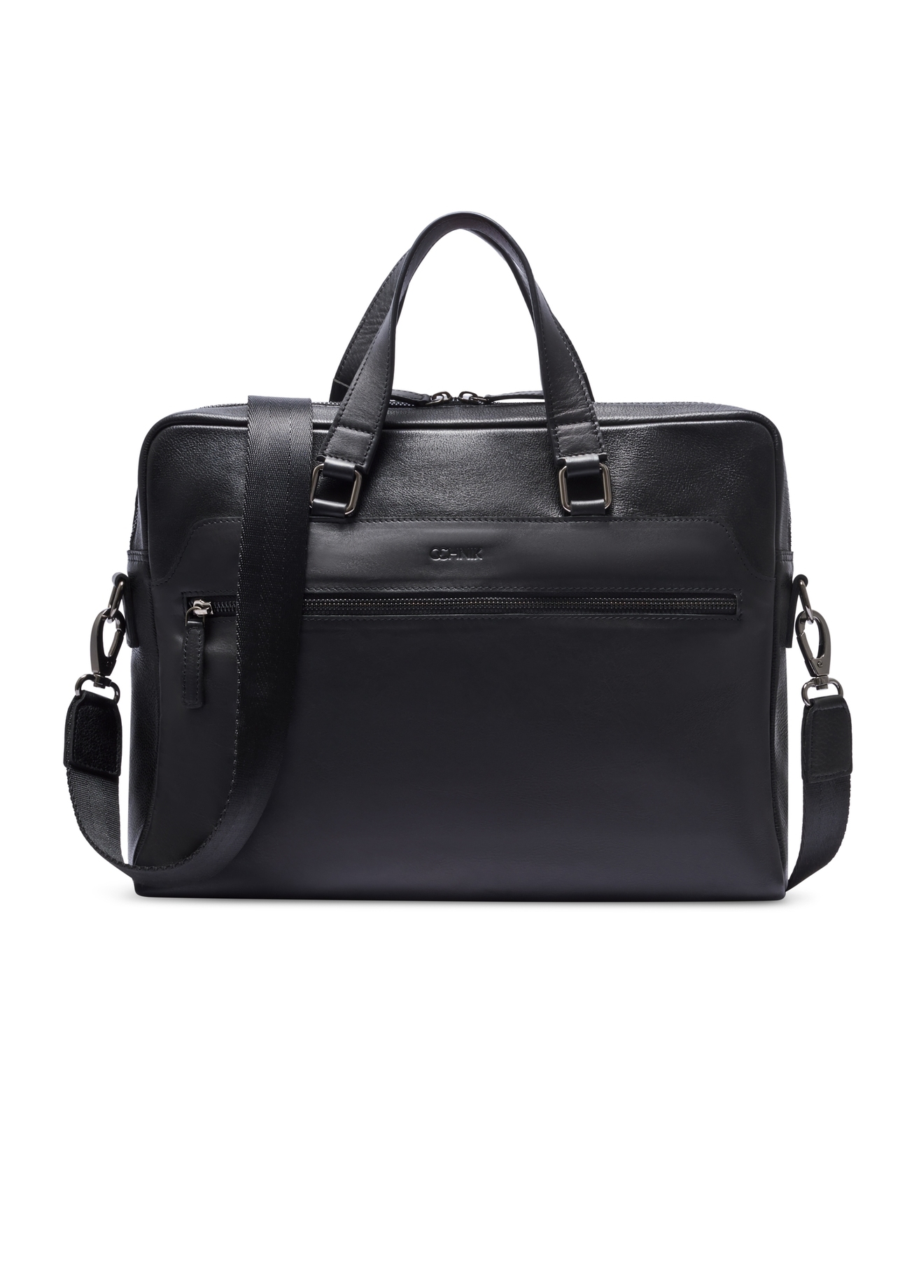 Czarna skórzana torba na laptopa TORMS-0496-99(W26) - widok produktu z przodu, na białym tle. 