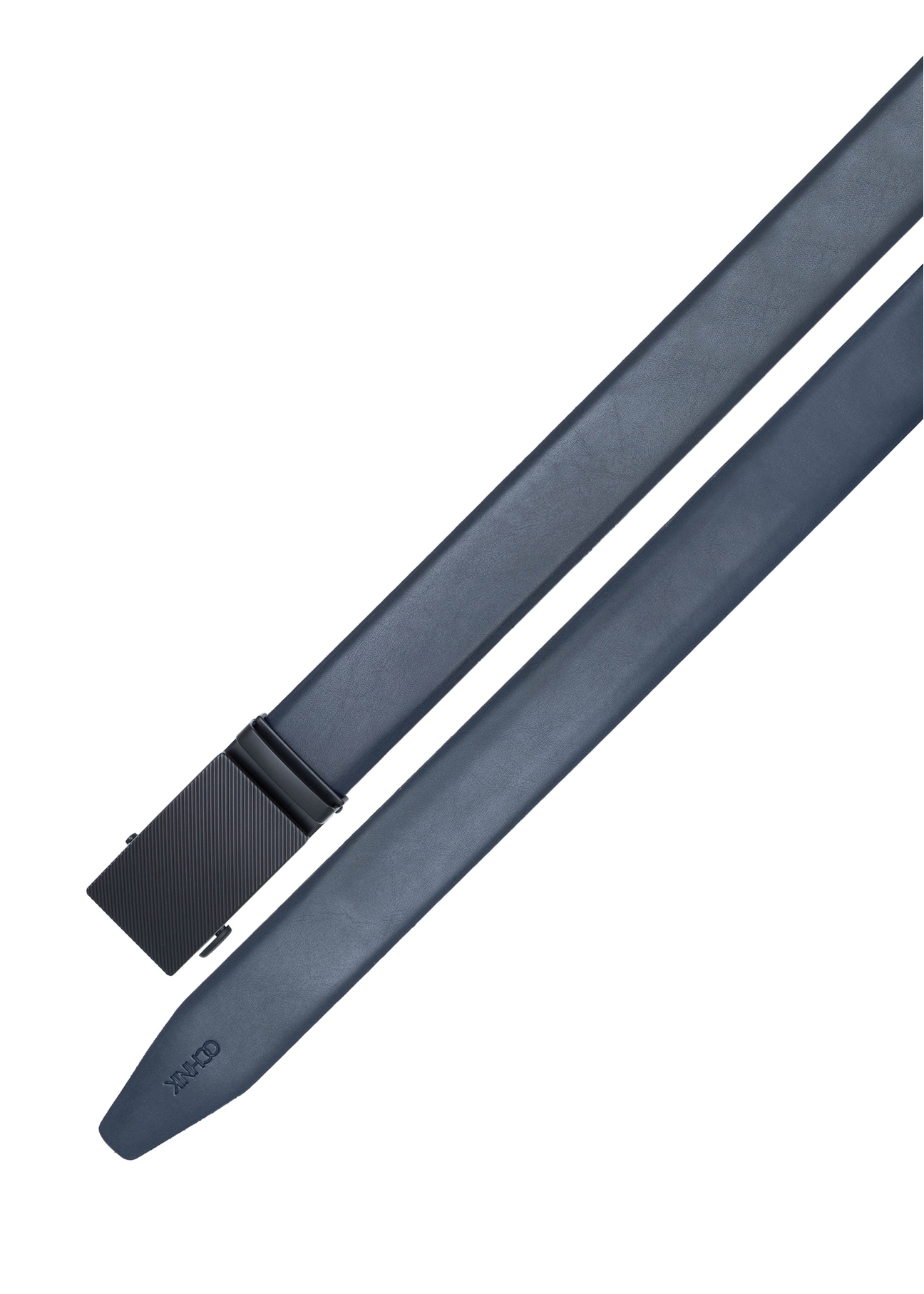 Skórzany granatowy pasek męski PASMS-0269-7E(W26), widok produktu z góry na białym tle.