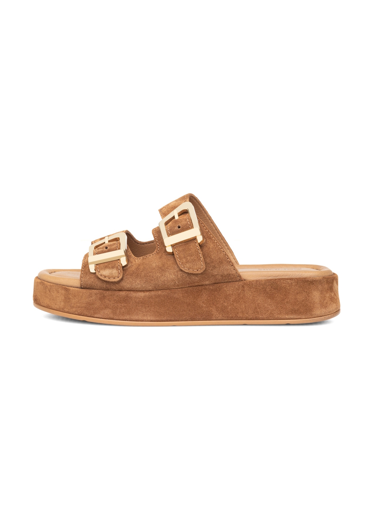 Zamszowe klapki damskie na platformie BUTYD-1241-1D(W26), widok produktu z boku na białym tle.