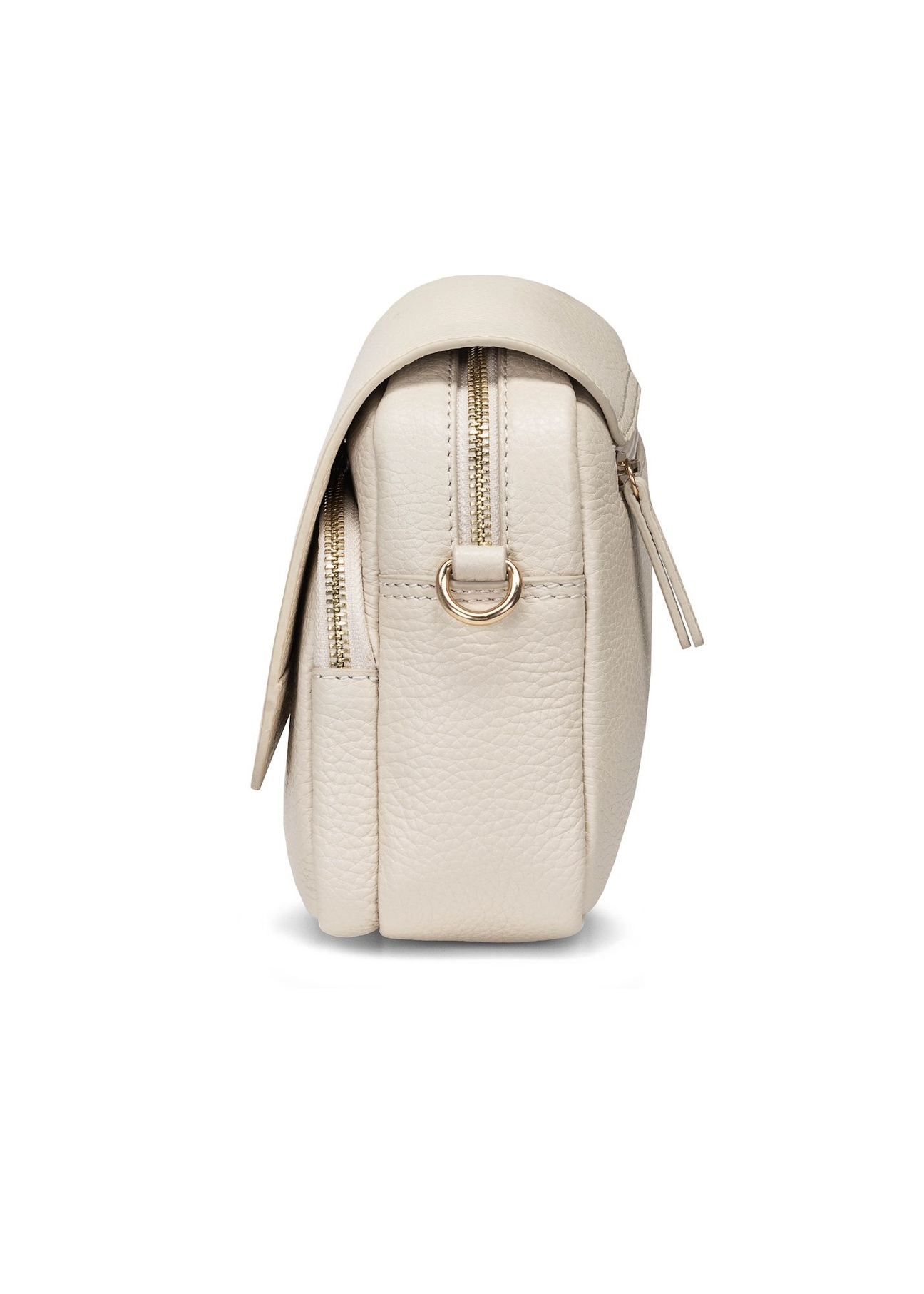 Kremowa skórzana torebka listonoszka damska TORES-0958E-0B(W26), widok produktu z boku na białym tle.