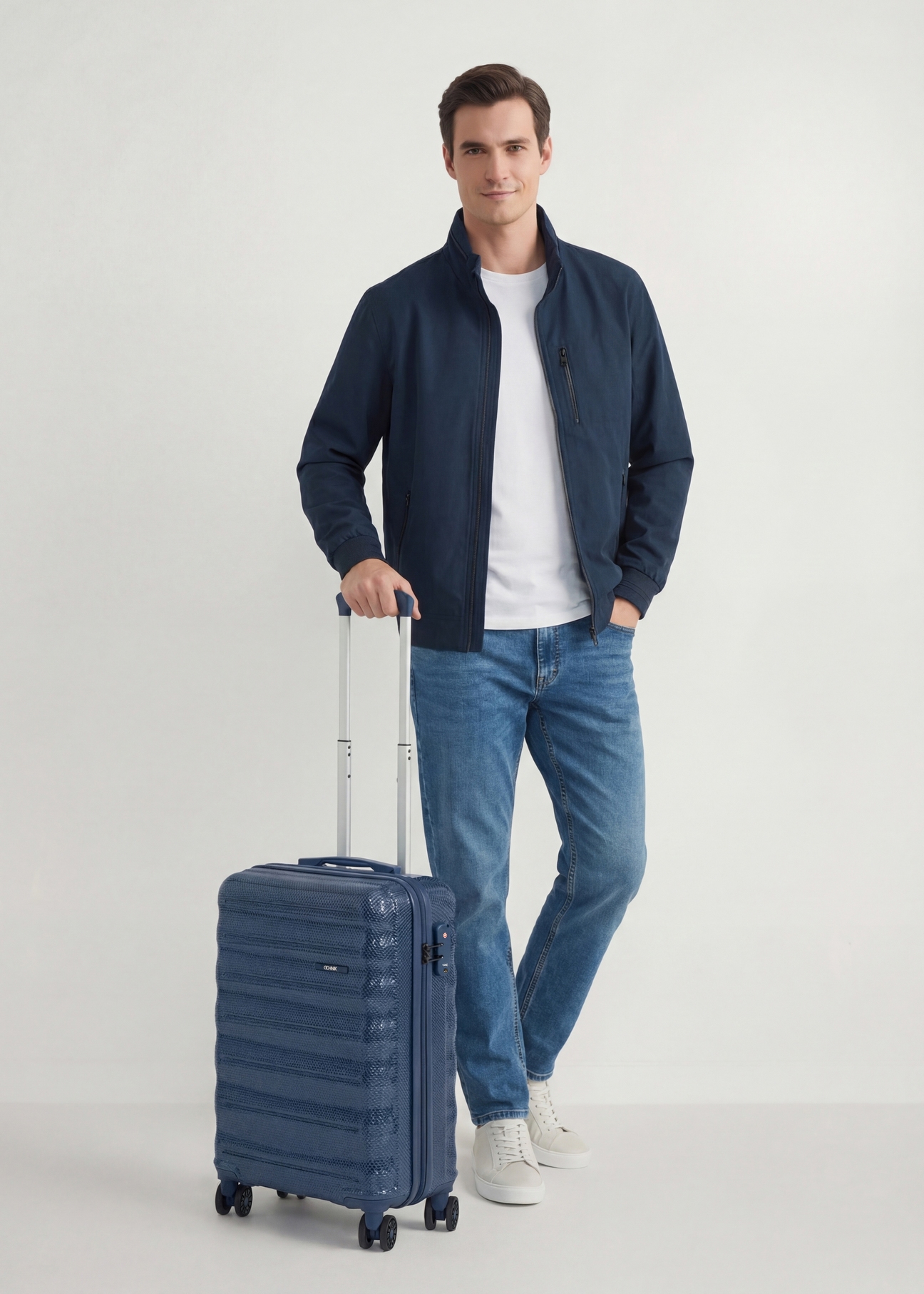 Walizka mała na kółkach WALPC-0015-7D-19(W26), widok produktu z przodu obok sylwetki modela.