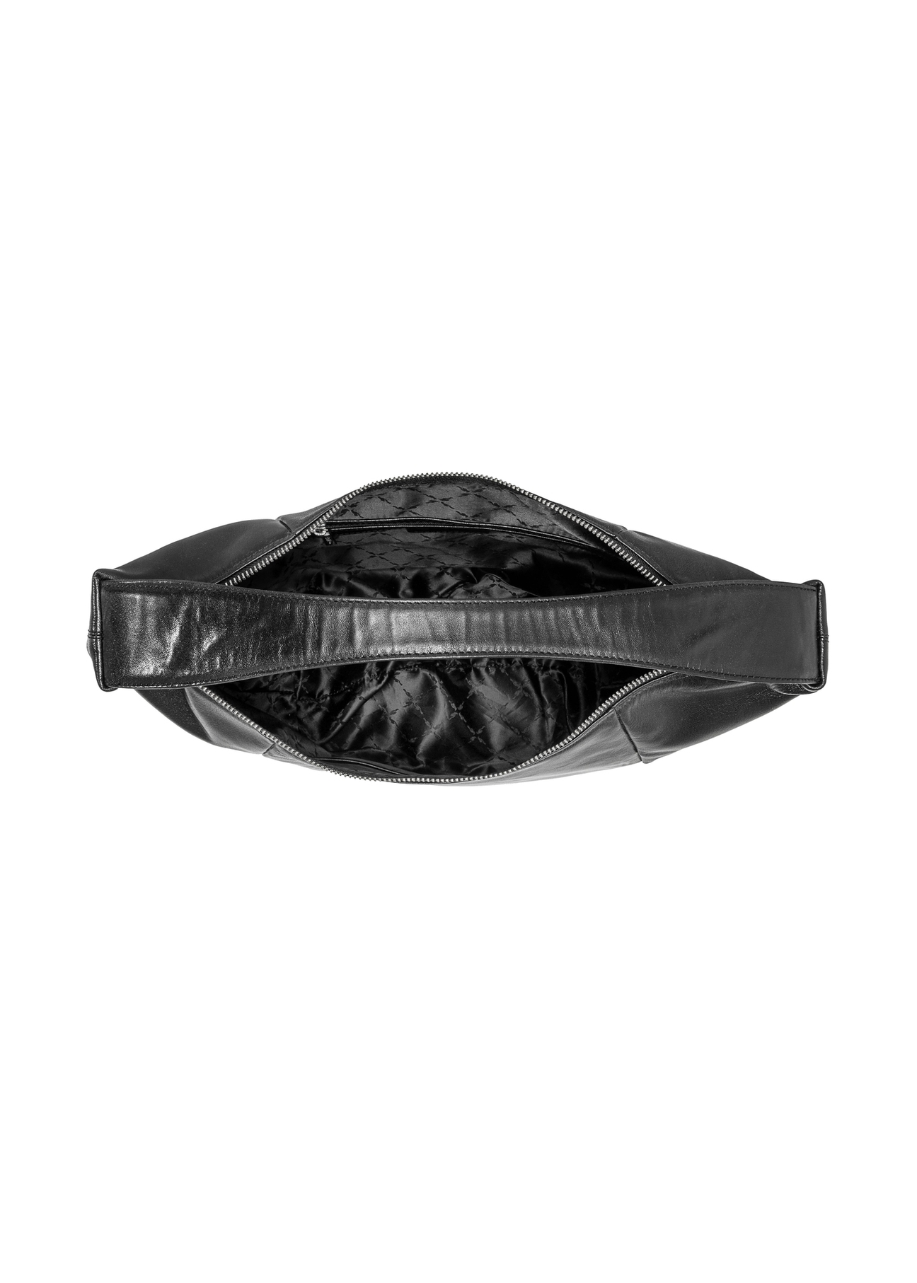 Czarna skórzana torebka hobo TORES-1135A-99(Z25), widok produktu od środka na białym tle.